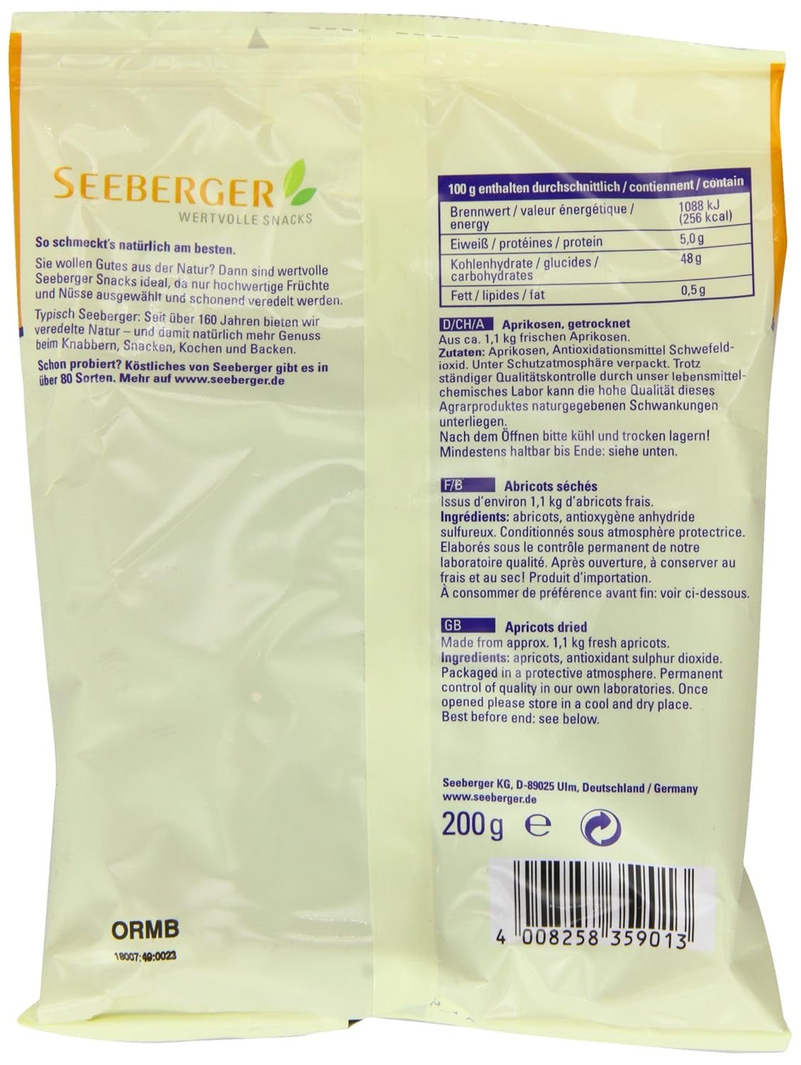 Aprikose Seeberger 200g Naty Shop dehydrierte Produkte