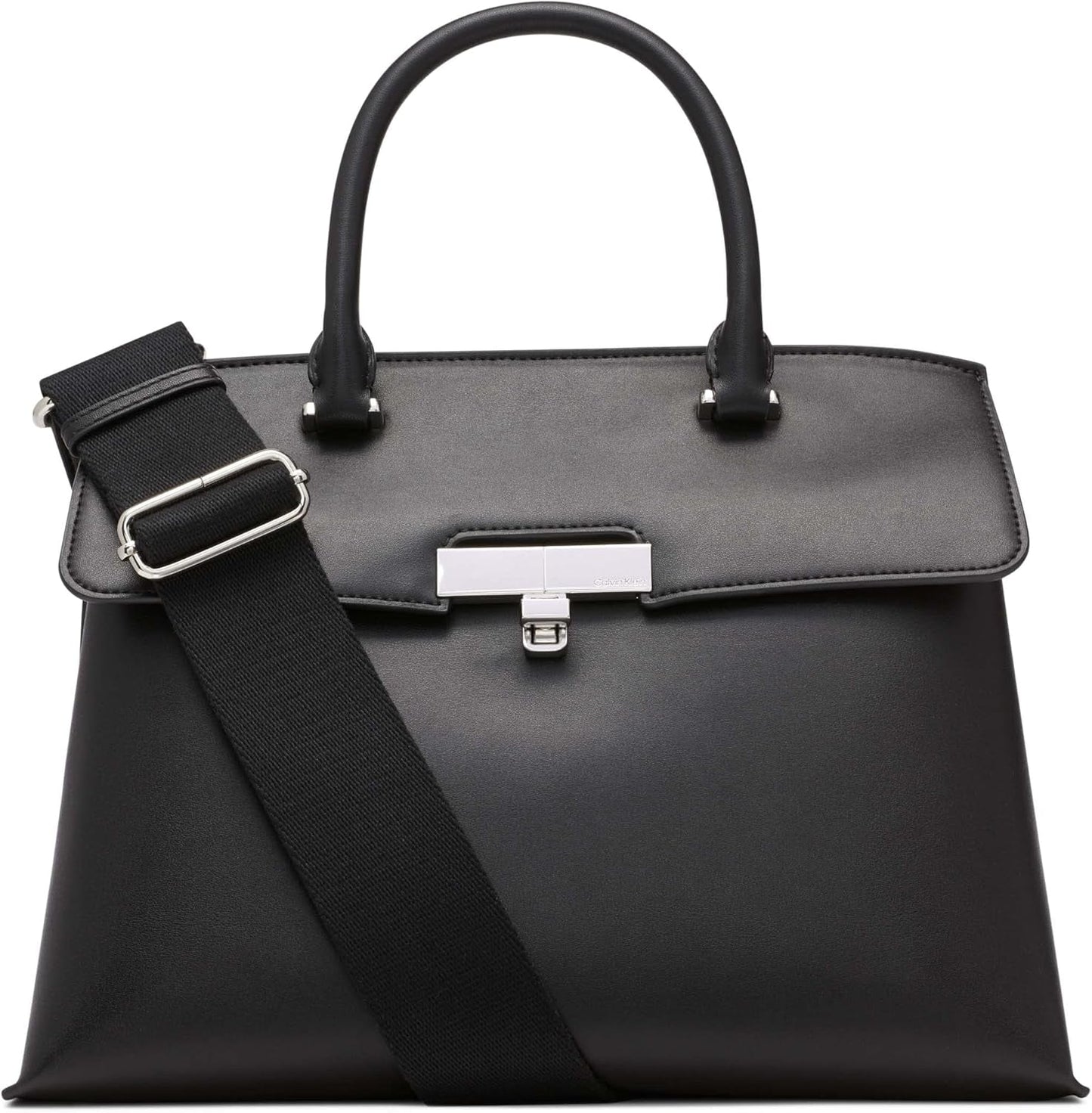 Calvin Klein Damen-Umhängetasche mit Drehverschluss – 2-in-1-Schultertasche aus veganem Leder mit 3 Taschen, Becky-Umhängetasche mit Drehverschluss, Schwarz/Silber, Damentaschen, Naty Shop, Standardtitel