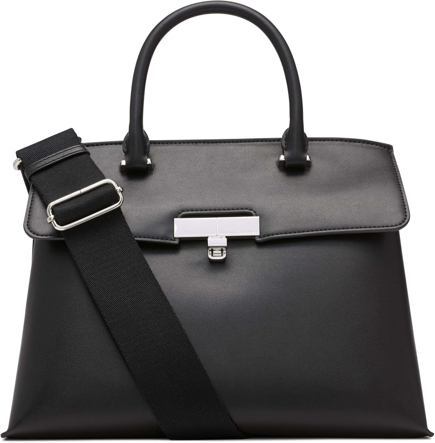 Calvin Klein Damen-Umhängetasche mit Drehverschluss – 2-in-1-Schultertasche aus veganem Leder mit 3 Taschen, Becky-Umhängetasche mit Drehverschluss, Schwarz/Silber, Damentaschen, Naty Shop, Standardtitel