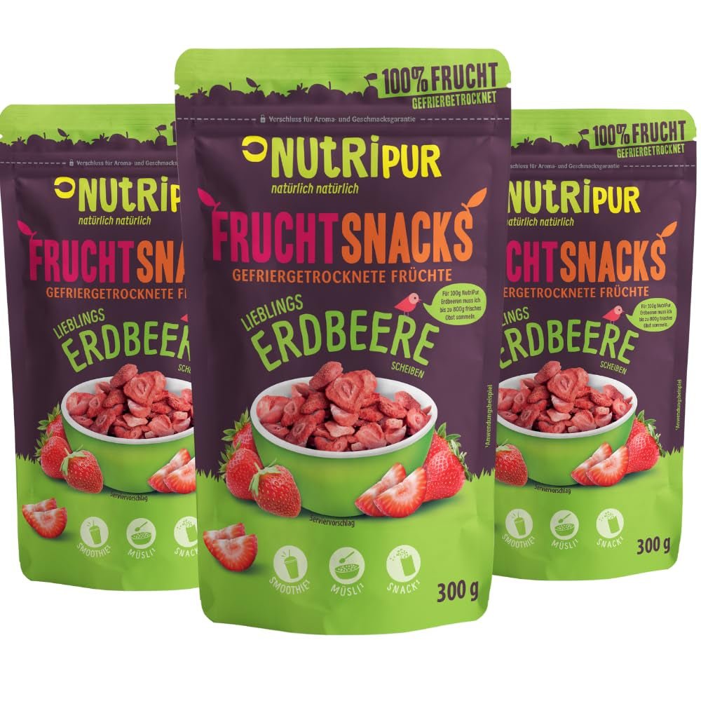 Gefriergetrocknete Erdbeeren 300 g: Ungesüßte getrocknete Erdbeerscheiben – reine Frucht. Gefriergetrocknete Erdbeeren voller Geschmack: Gefriergetrocknete Beeren – NUTRIPUR Trockenfrüchte. Naty Shop Dehydrierte Produkte 300 g (3er-Pack) Erdbeeren