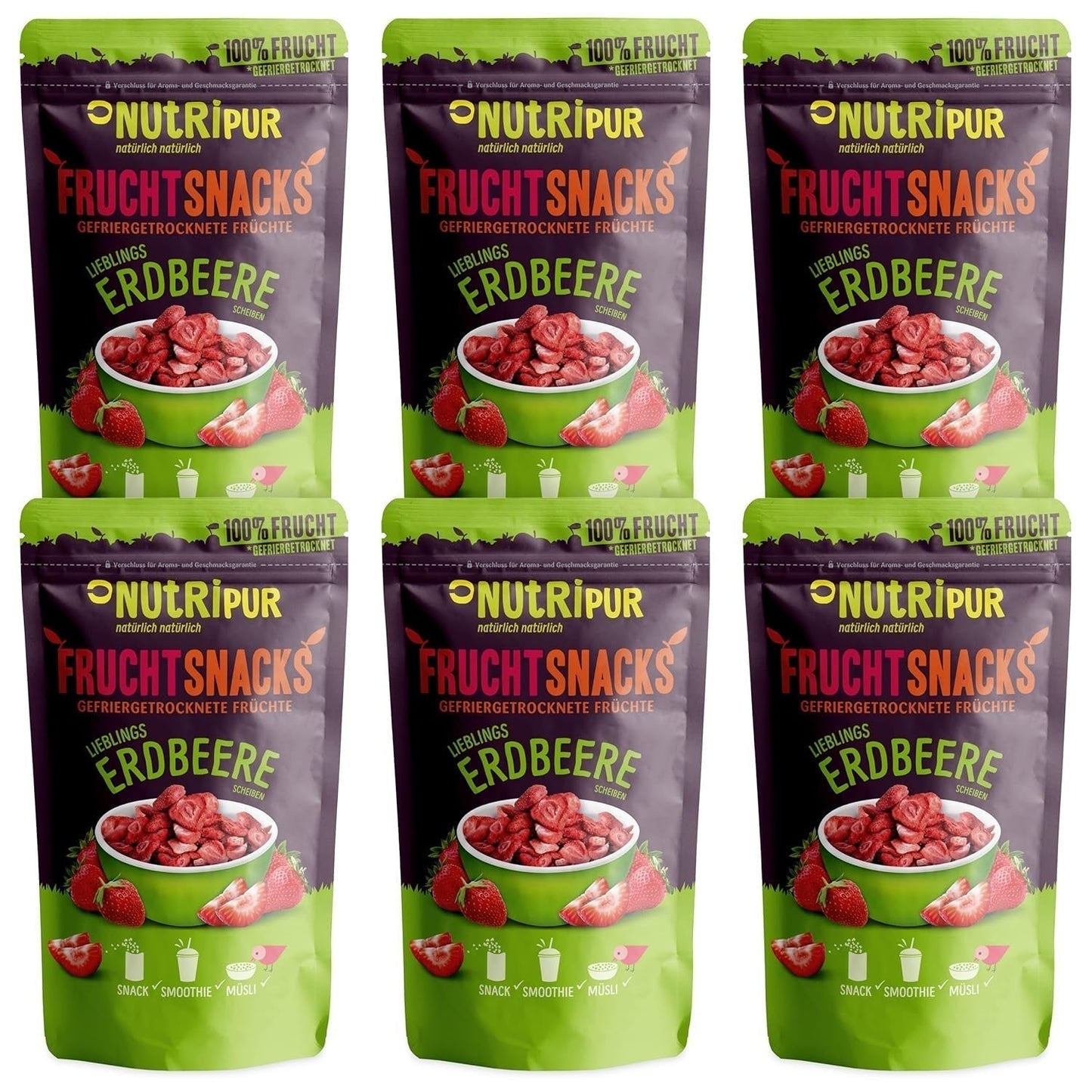 Gefriergetrocknete Erdbeeren 300 g: Ungesüßte getrocknete Erdbeerscheiben – Gefriergetrocknete Erdbeeren mit reiner Frucht, voller Geschmack: Gefriergetrocknete Beeren – NUTRIPUR Trockenfrüchte Naty Shop Dehydrierte Produkte 25 g (6er-Pack) Erdbeeren