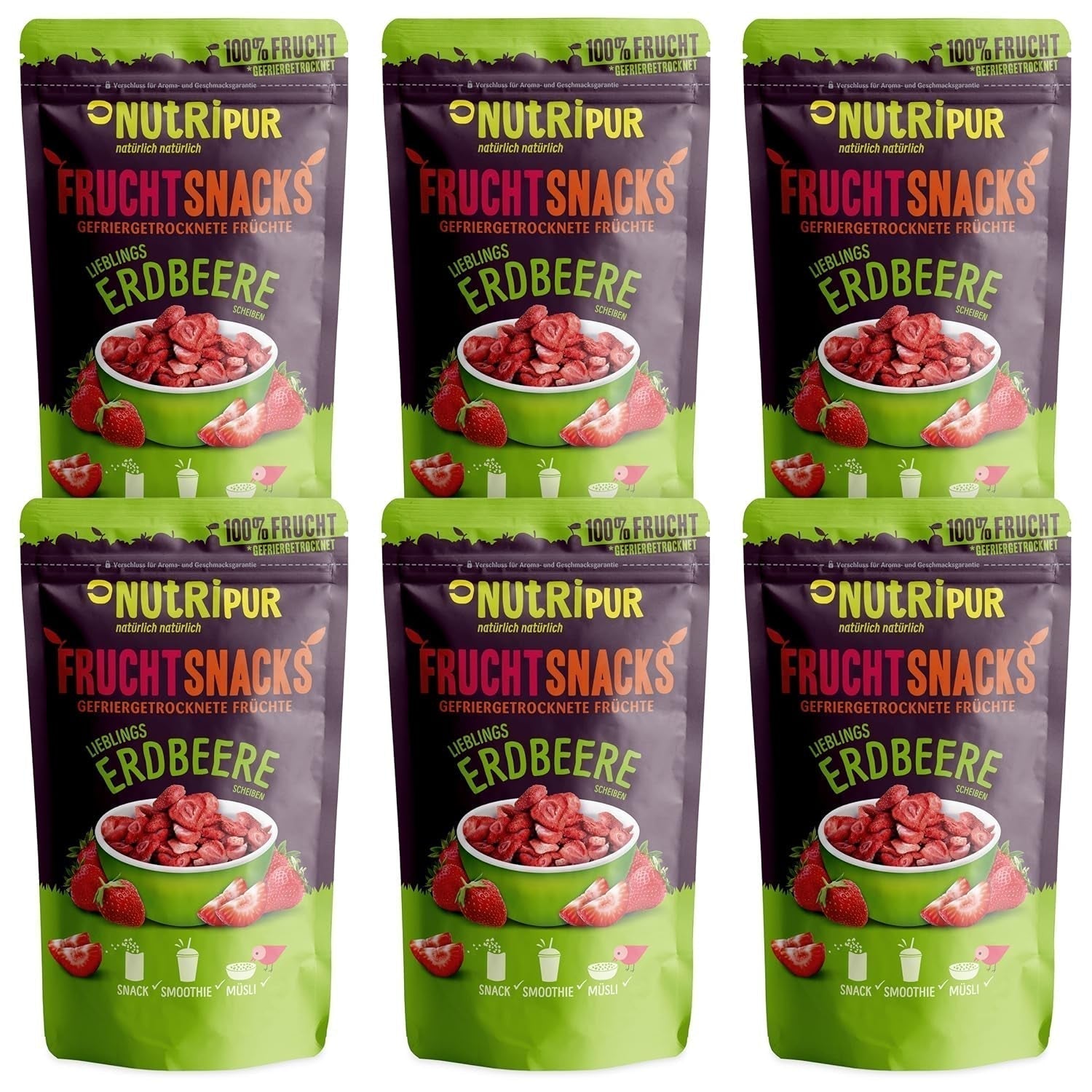 Gefriergetrocknete Erdbeeren 300 g: Ungesüßte getrocknete Erdbeerscheiben – Gefriergetrocknete Erdbeeren mit reiner Frucht, voller Geschmack: Gefriergetrocknete Beeren – NUTRIPUR Trockenfrüchte Naty Shop Dehydrierte Produkte 25 g (6er-Pack) Erdbeeren