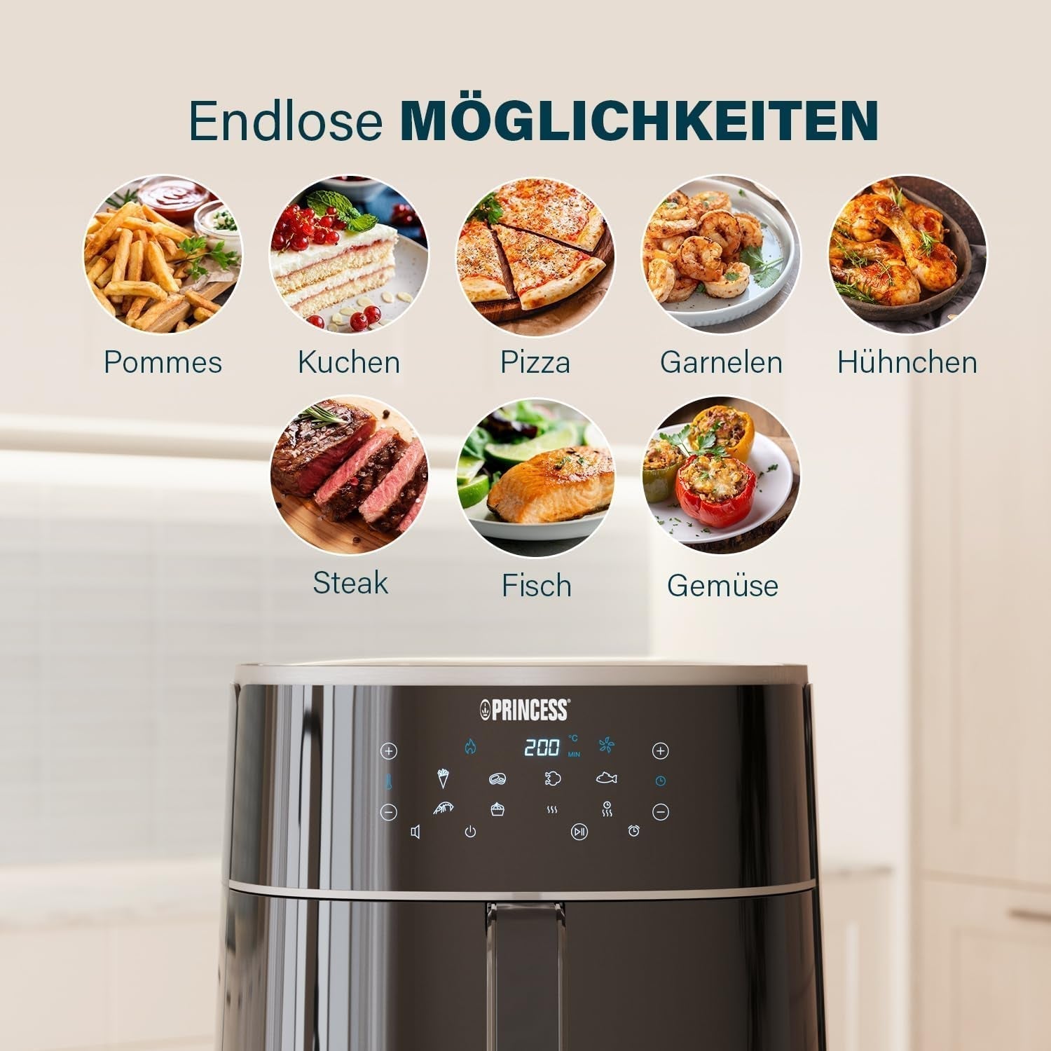 Princess Digital Heißluftfritteuse – Variable Schüsselkapazität – Maximal 8 Liter – 6 voreingestellte Programme. Haushaltsgeräte Naty Shop
