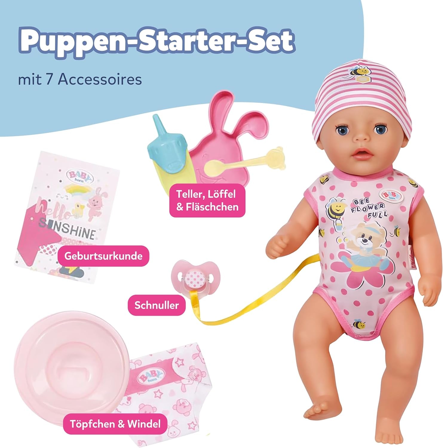 BABY Born Lena (Mädchen) – Babypuppe 36 cm – 7 Funktionen, inklusive Zubehör und Matratze – Funktioniert komplett ohne Batterien – Geeignet für Kleinkinder ab 1 Jahr