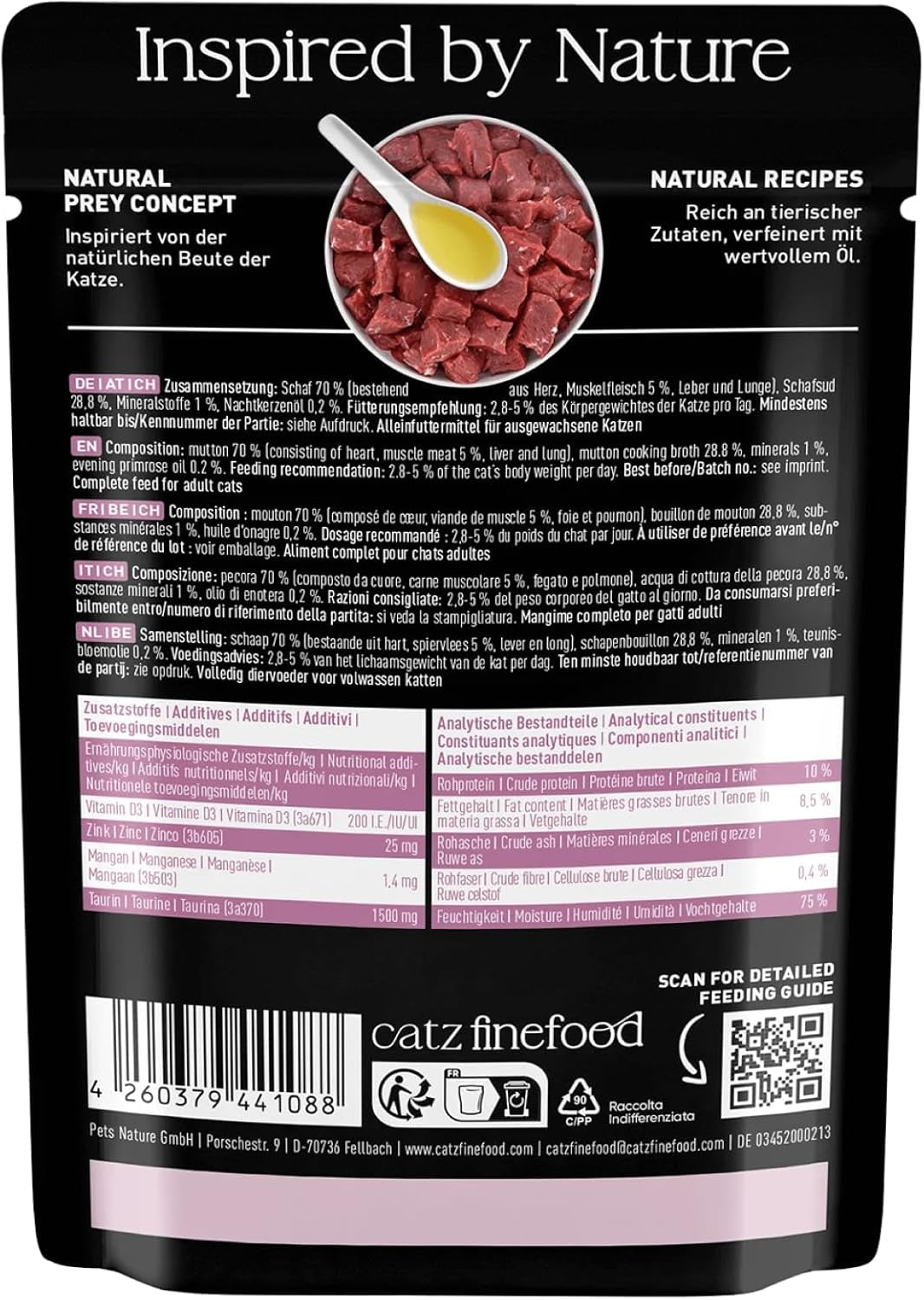 Nassfutter für Katzen Catz Finefood Purrrr Sheep Monoprotein Nr. 113, für Katzen mit empfindlicher Verdauung, 70 % Fleischanteil, 16 Beutel à 85 g