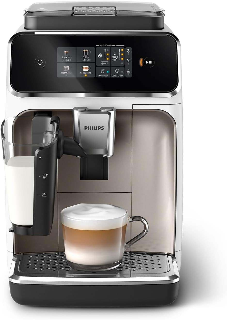 Automatische Espressomaschine PHILIPS 2300-Serie – 4 Getränke, moderner Farb-Touchscreen, LatteGo-Milchzubereitungssystem, SilentBrew, Mahlwerk aus 100 % Keramik, AquaClean-Filter. Mattschwarz (EP2330/10)