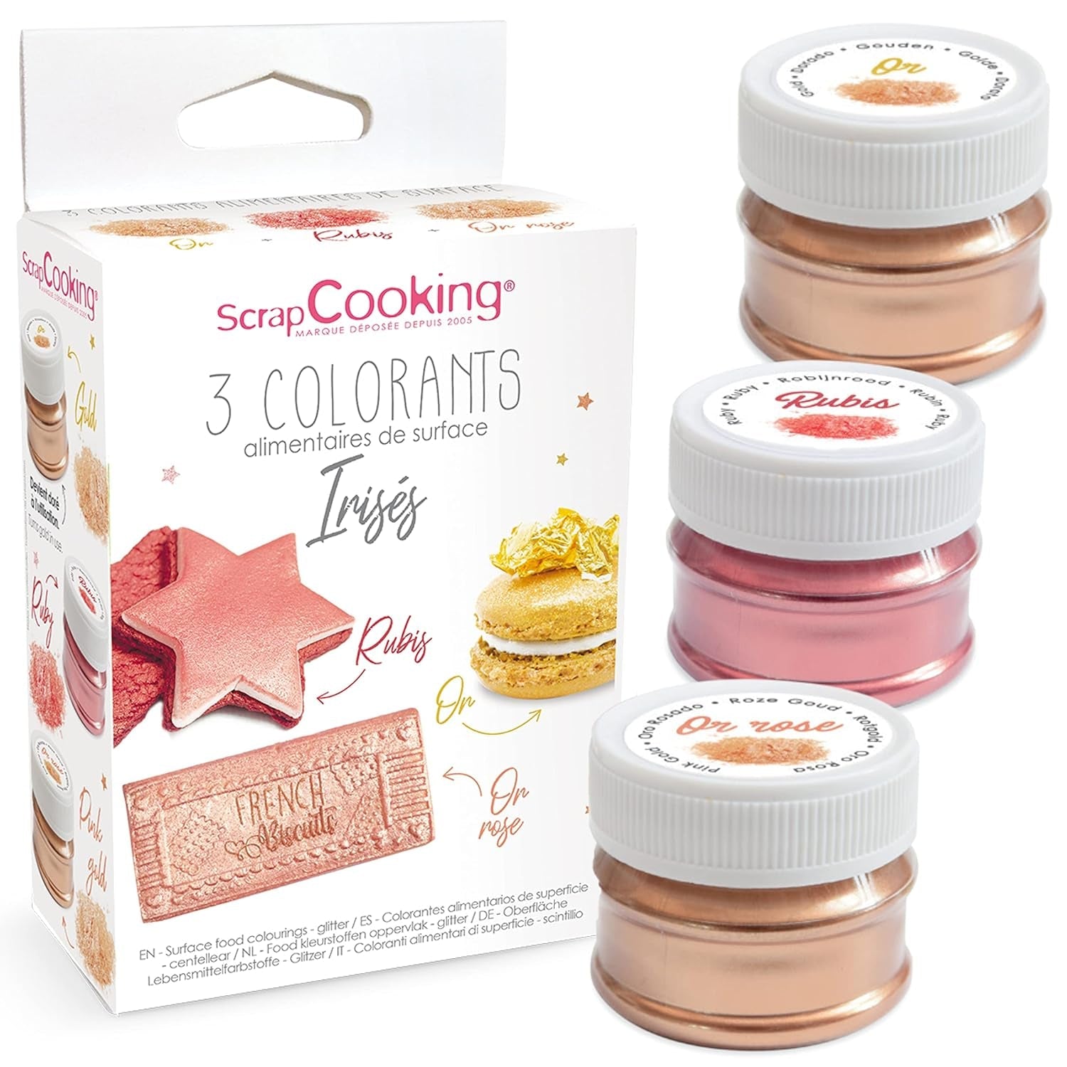 Scrapcooking – Set mit 3 metallischen Lebensmittelfarben – Lebensmittelfarbe: Gold, Roségold und Rubin – essbare Lebensmittelfarbe zum Backen, Kuchen, Kekse, Kuchen, Schokolade – 4019