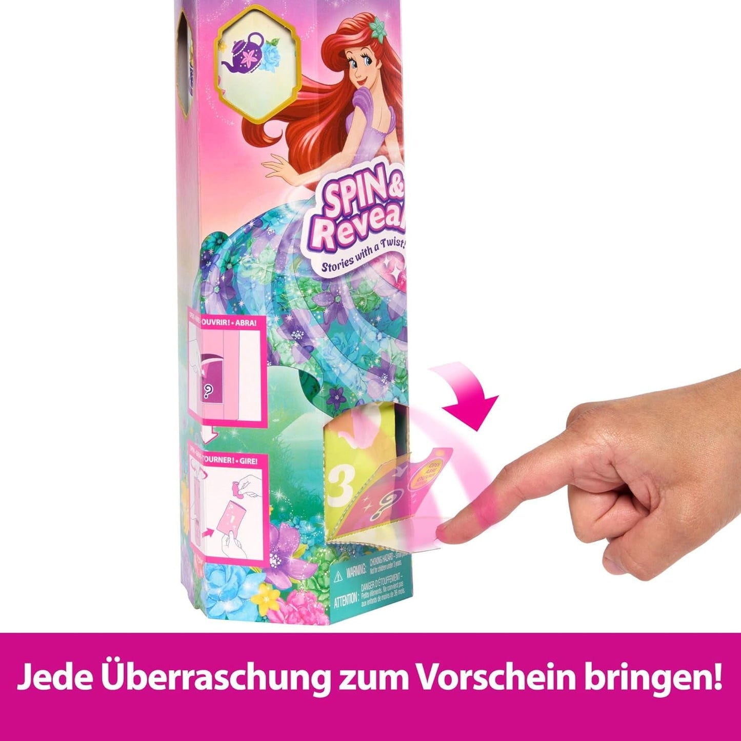 Mattel Disney Princess Ariel Spin & Reveal Modepuppen-Set mit 11 Überraschungen, darunter 5 Zubehörteile, 5 Aufkleber und eine vom Film HTV88 inspirierte Spielszene