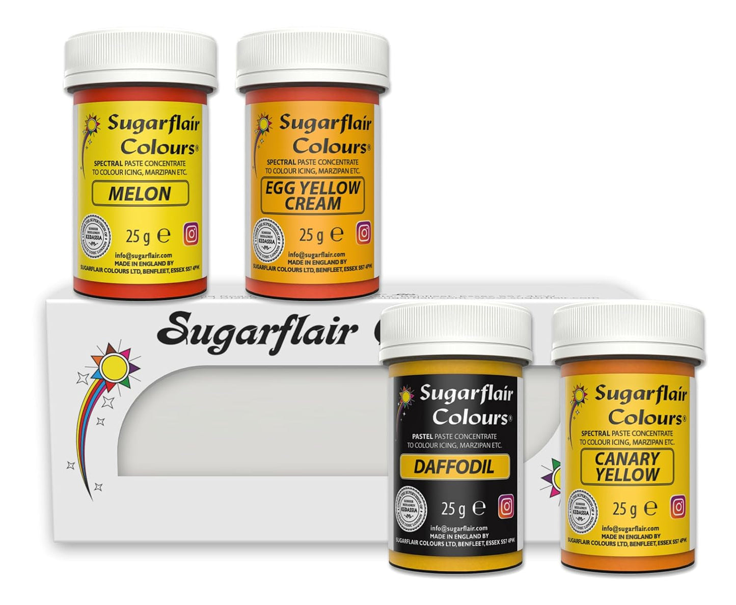 Sugarflair Pasta-Lebensmittelfarbe Gelb, 4er-Set, Pasta-Lebensmittelfarbe, Fondant, Marzipan, Zuckerpaste, Buttercreme und mehr: Narzisse, Kanariengelb, Creme, Eiermelone, 4er-Set