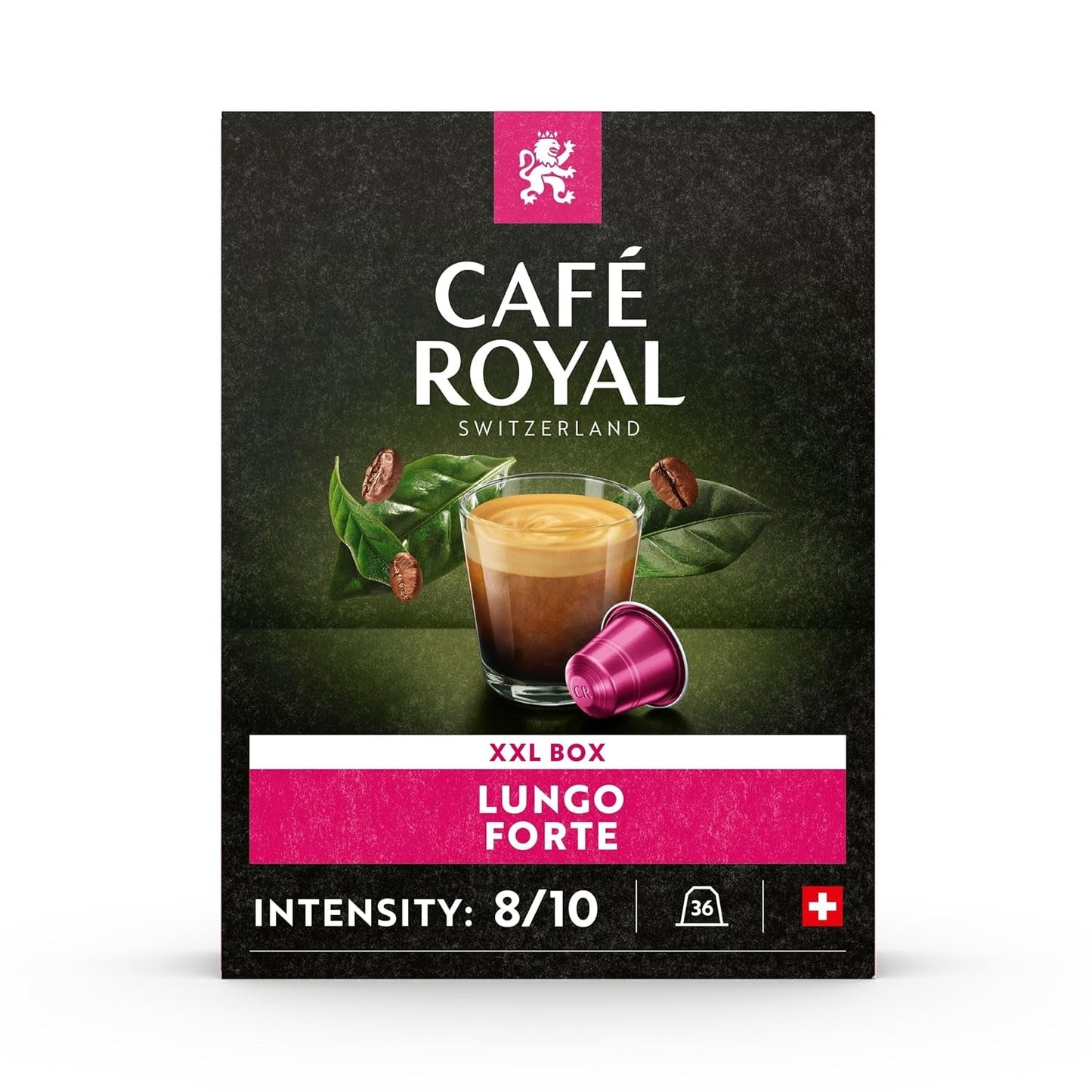 Café Royal Lungo Forte 36 Kapseln für Nespresso Kaffeemaschine – 8/10 Intensität – UTZ-zertifiziert Kaffeekapseln aus Aluminium (Packung mit 2)