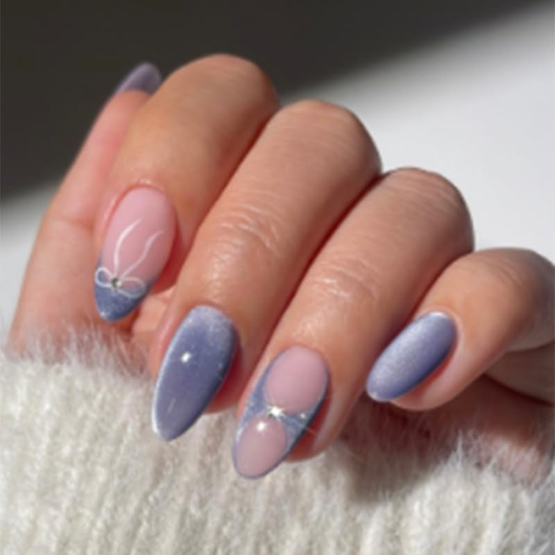 Mouyouglow Kurze magnetische künstliche Nägel, rosa mandelroter Farbverlauf, glitzerndes Katzenauge mit Kleber, rosa rote Ombre-Glitzer-Phototherapie-künstliche Nägel für Frauen und Mädchen