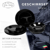 Geschirrset für 6 – 18 Teile – Geschirrset aus Opalglas – Geschirrset in Schwarz – Schüssel- und Tellerset – Modernes Geschirr – Teller – Tischservice – Geschirrset für 6