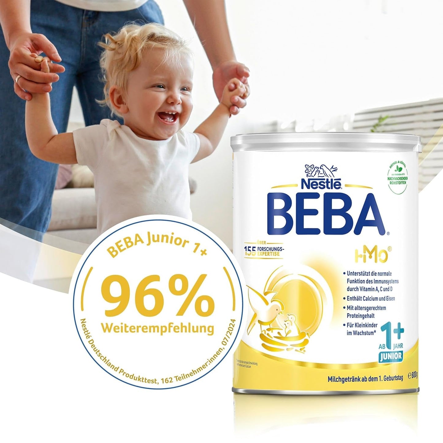 BEBA Junior 1+ Milchgetränk ab 1 Jahr, Mit HMO, Altersgerechter Proteingehalt, Nur Laktose, Ohne Palmöl, Ohne Fischöl, Kleinkindnahrung, Babymilchpulver, 6er Pack (6 x 800g)