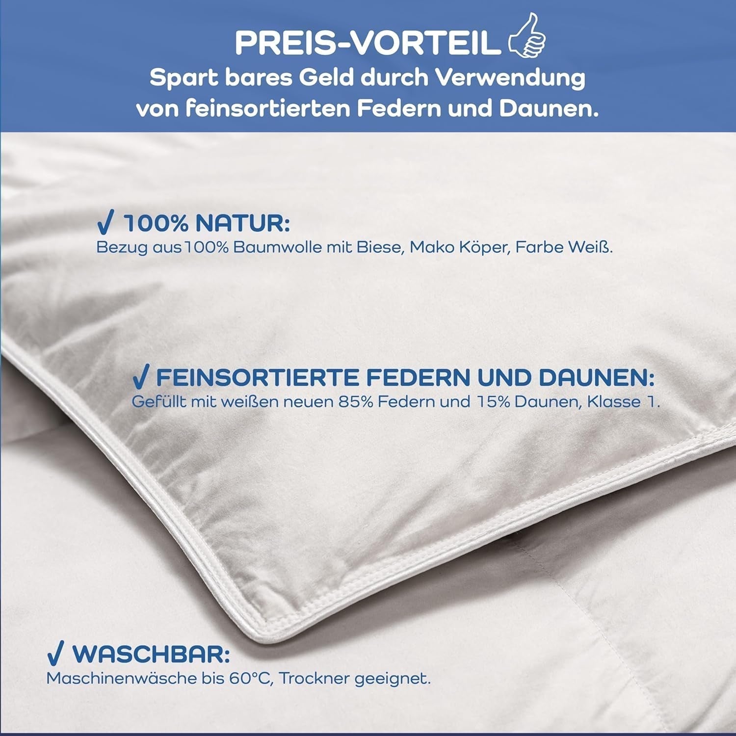 Allnights - Leichte Komfortbettdecke 135X200 100 % neue Federn und Daunen, für Allergiker geeignet, waschbar bis 60°C, hergestellt in Deutschland Bettdecken und Steppdecken Naty Shop