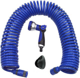 590078 – Spiralschlauchset, blau, 15 Meter (Durchmesser 9 mm) + Multifunktionspistole mit 8 Düsen + Automatik-Innengewinde mit ¾-½-Adapter + 2 Schnellkupplungen + Aufhängebügel