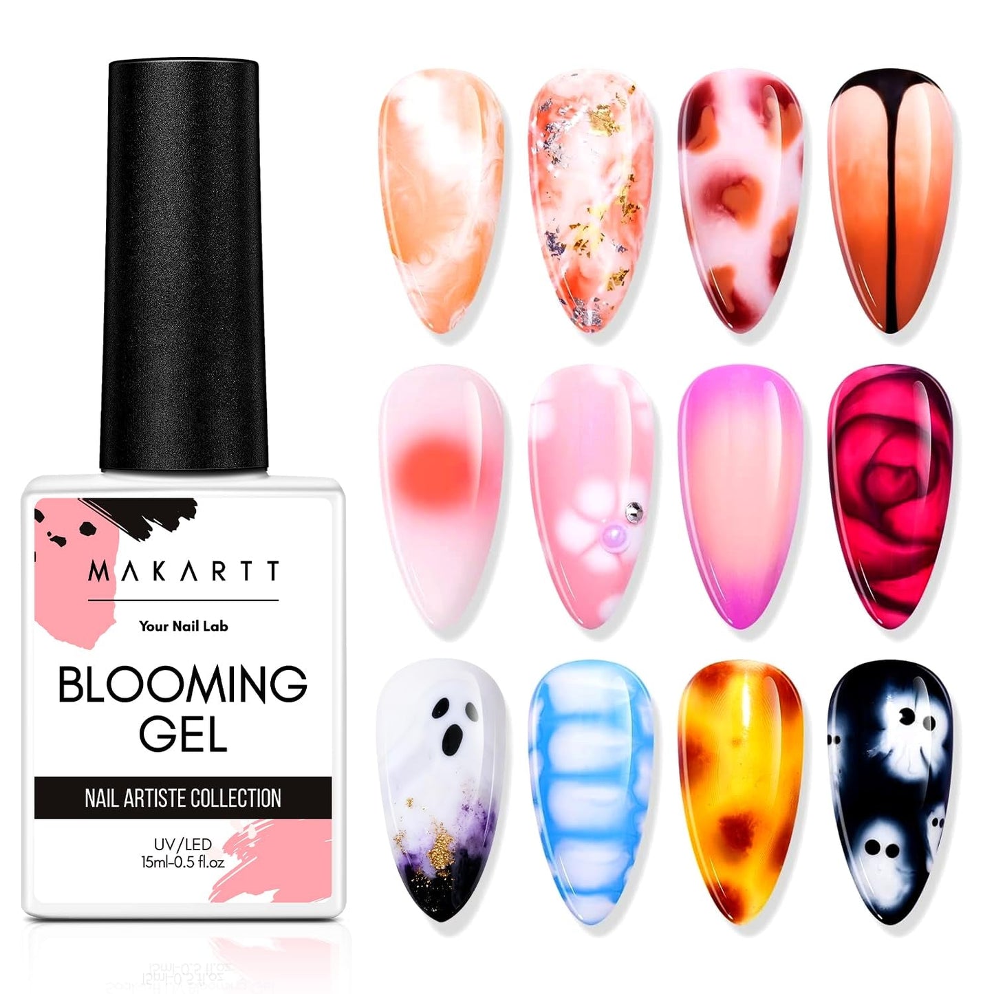 Makartt Blooming Gel-Nagellack – 15 ml Blooming Gel-Nagellack-Verlängerung mit Marmorfarbe, Gelfarbe, DIY-Maniküre-Nageldesigns, Blumen, Tiere, Aquarell, magisches Maniküre-Set