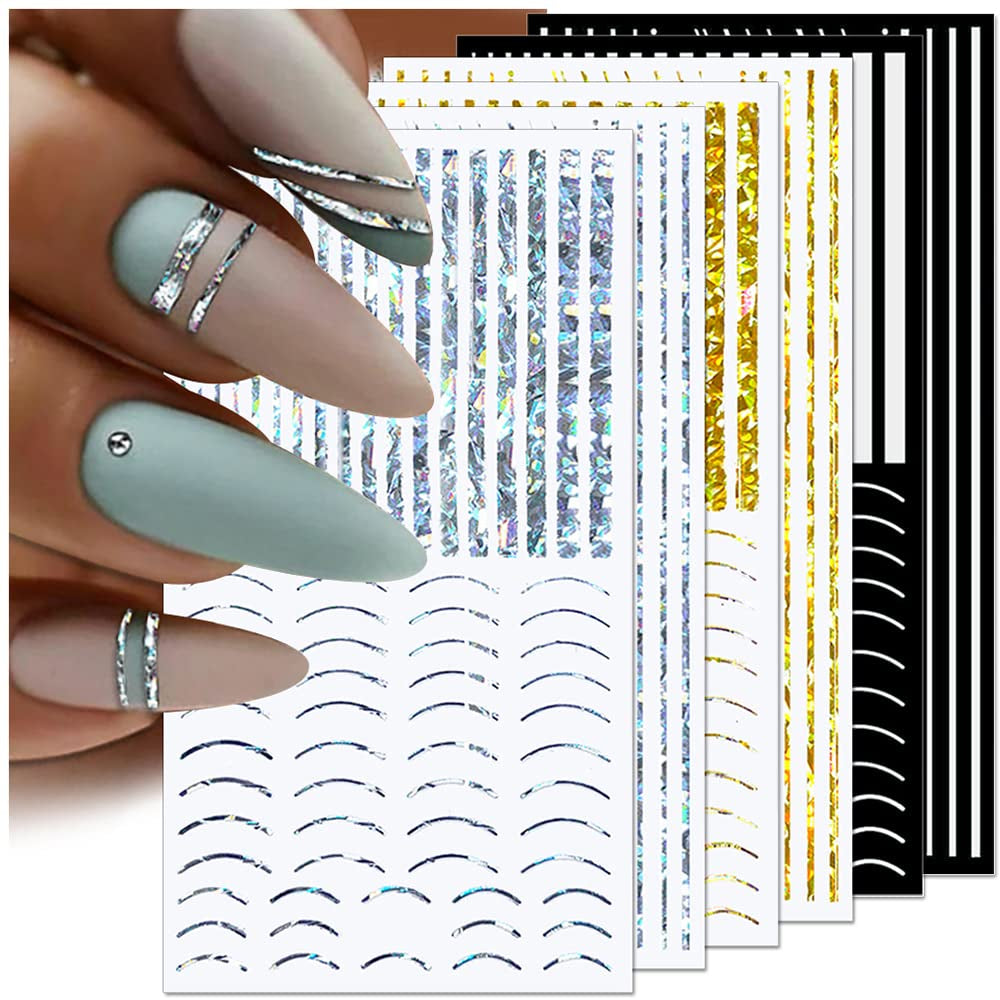 12 Blatt Laser-Glitzerlinien, selbstklebende Nagelaufkleber, holografische Aufkleber, bronzefarbene Streifen, Nagelaufkleber, französische Linie, gebogene Bögen, Wellenlinien, Nagelaufkleber, Nagelkunst-Zubehör