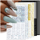 12 Blatt Laser-Glitzerlinien, selbstklebende Nagelaufkleber, holografische Aufkleber, bronzefarbene Streifen, Nagelaufkleber, französische Linie, gebogene Bögen, Wellenlinien, Nagelaufkleber, Nagelkunst-Zubehör