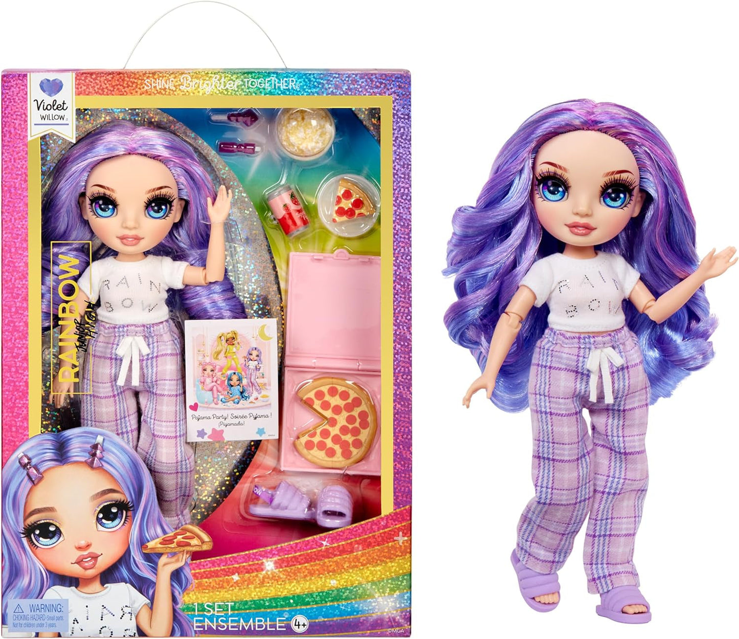 Rainbow High Junior High PJ Partypuppe – Violett – 22 cm mit weichem Overall, Hausschuhen und Spielzubehör – Kinderspielzeug – Ideal für 4–12 Jahre