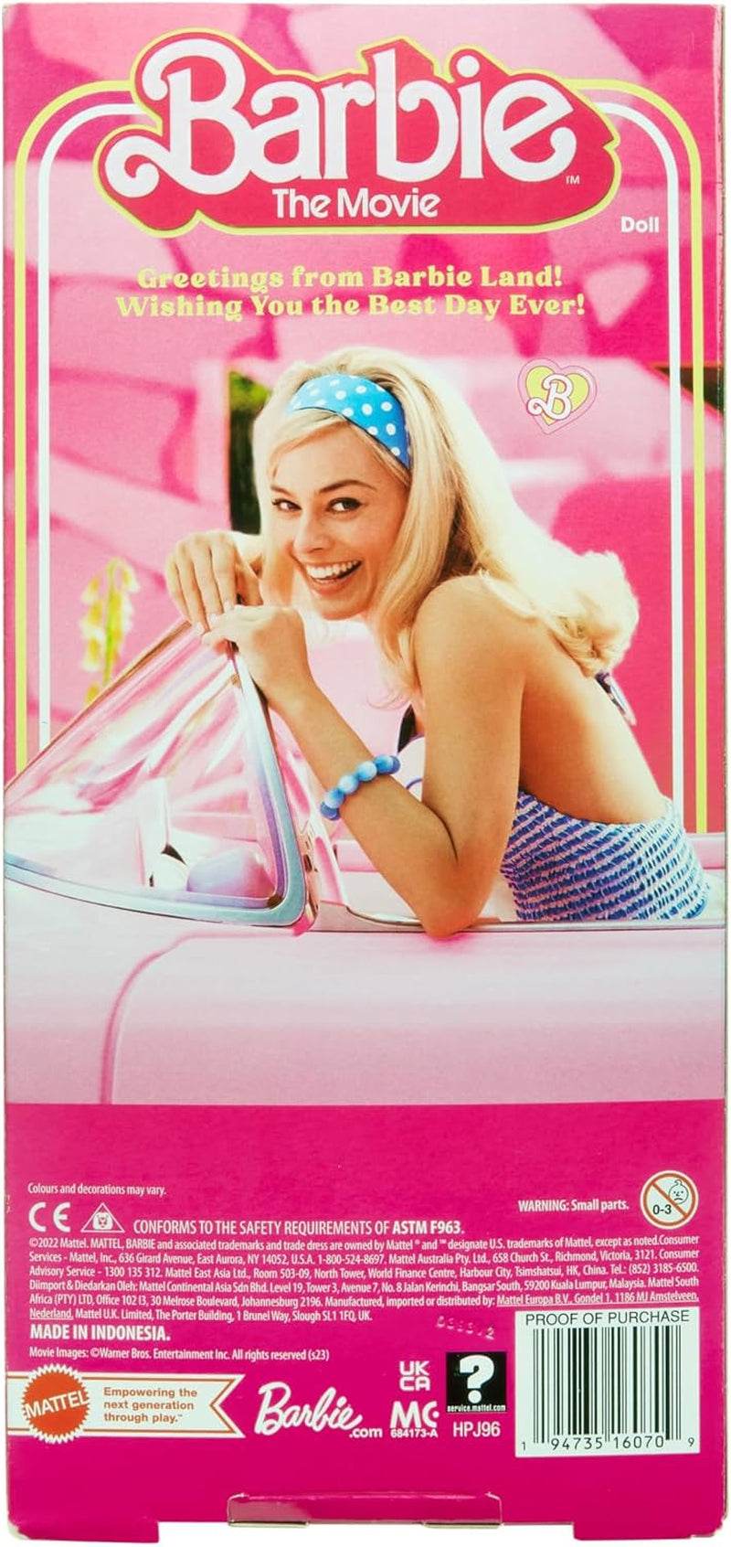 Barbie-Puppe, die Filmpuppe in rosa-weißem Kleid und Gänseblümchen-Halskette, Margot Robbie, Sammlerspielzeug für 3-Jährige HPJ96