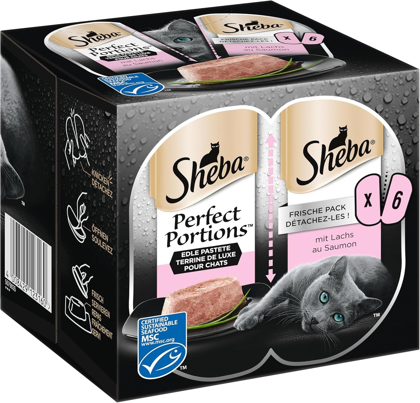 SHEBA Perfect PORTIONS Pastete für Katzen mit Lachs, MSC-zertifiziert, 8 x 3 x (2 x 37,5g) = 225g (Verpackung wird aktualisiert)