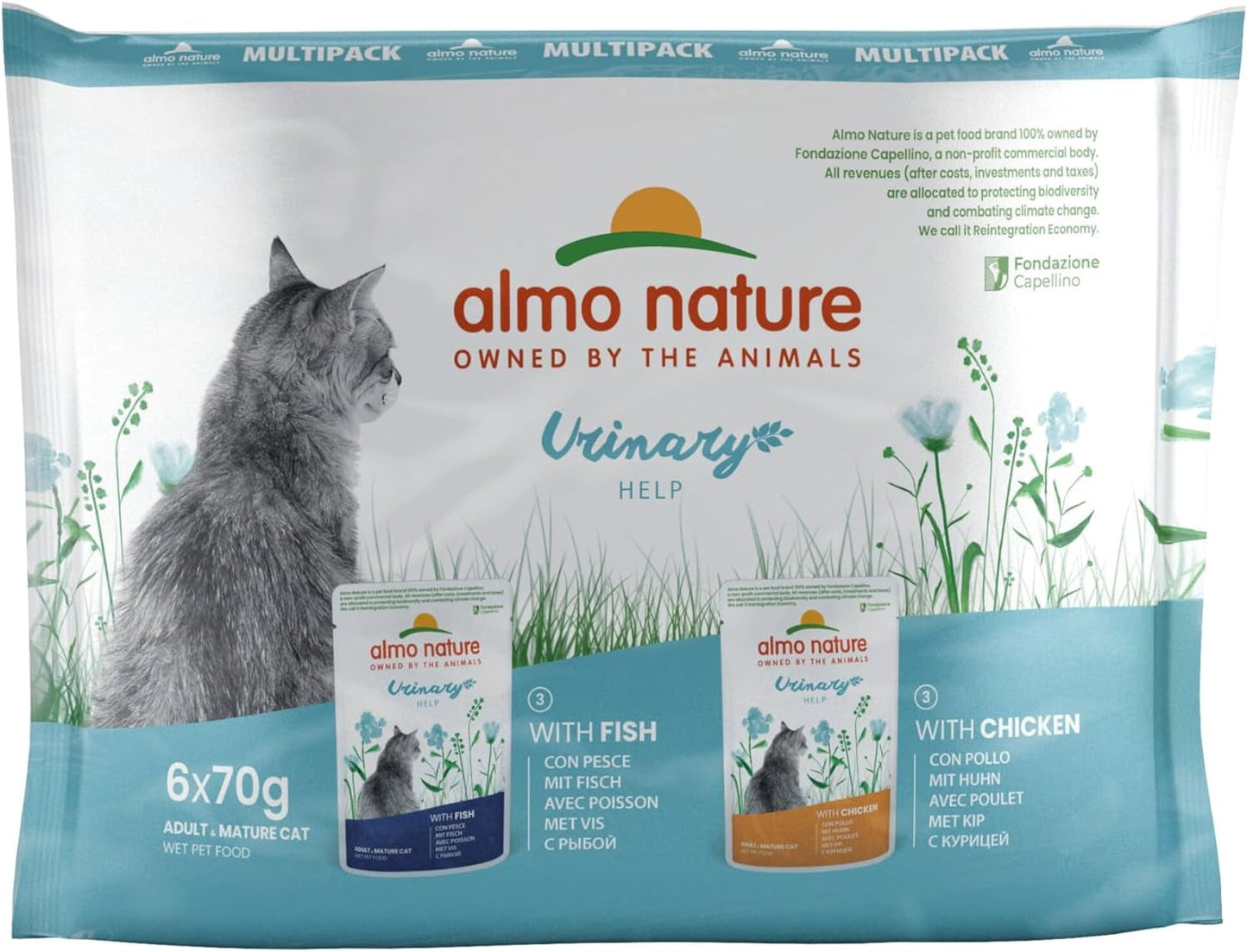 Almo Nature Functional Urinary Help – Nassfutter für ausgewachsene Katzen mit Fisch- und Hühnergeschmack – Unterstützt die Gesundheit der Harnwege – 6 Beutel à 70 g
