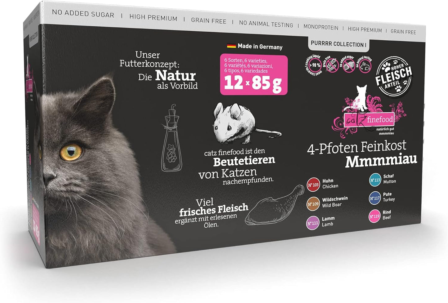 Catz Finefood Purrrr Collection I – Monoprotein-Nassfutter für Katzen – getreidefrei, zuckerfrei, hypoallergen – hoher Fleischanteil – Nassfutter für Katzen im Multipack – in Beuteln, 85 g (12 Packungen)