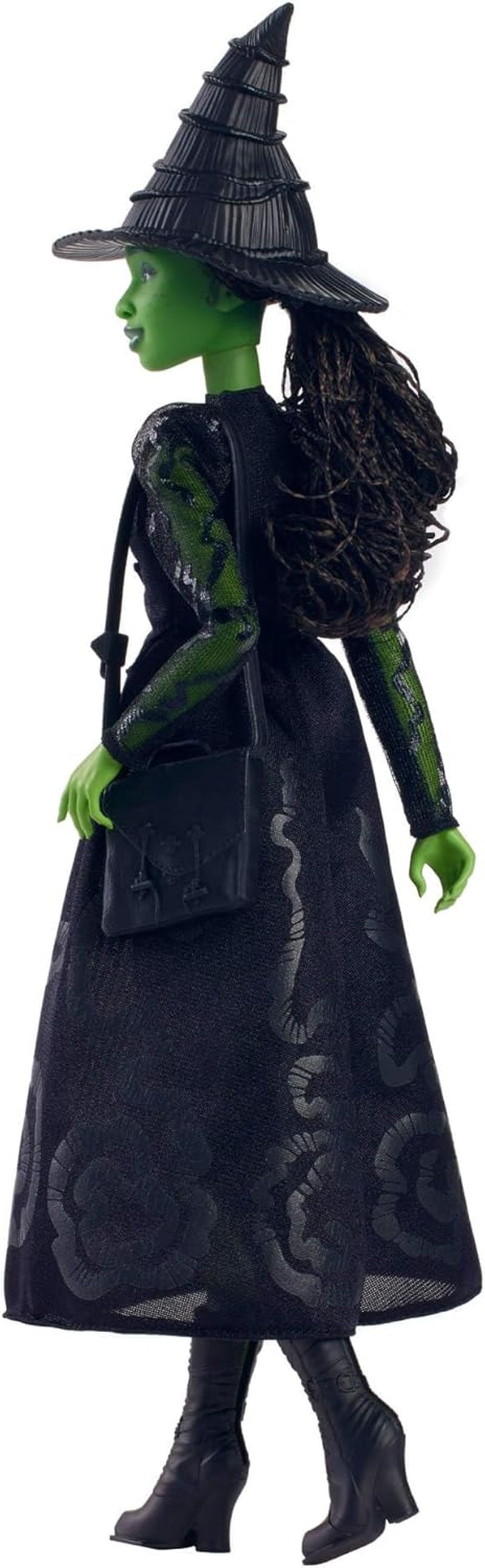 Mattel Wicked Elphaba Modepuppe und Zubehör mit grüner Haut, schwarzem geflochtenem Haar, verschiedenen möglichen Posen und abnehmbarem Ballkleid-Aussehen, HXT62, [Mehrfarbig]