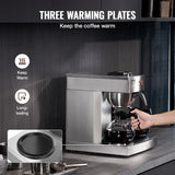 VEVOR Kommerzieller 12-Tassen-Filter-Espressokocher mit 3 Glaskaraffen und 3 Heizplatten, Edelstahl-Espressomaschine mit automatischer Wasserversorgung für Restaurant, Büro, Café