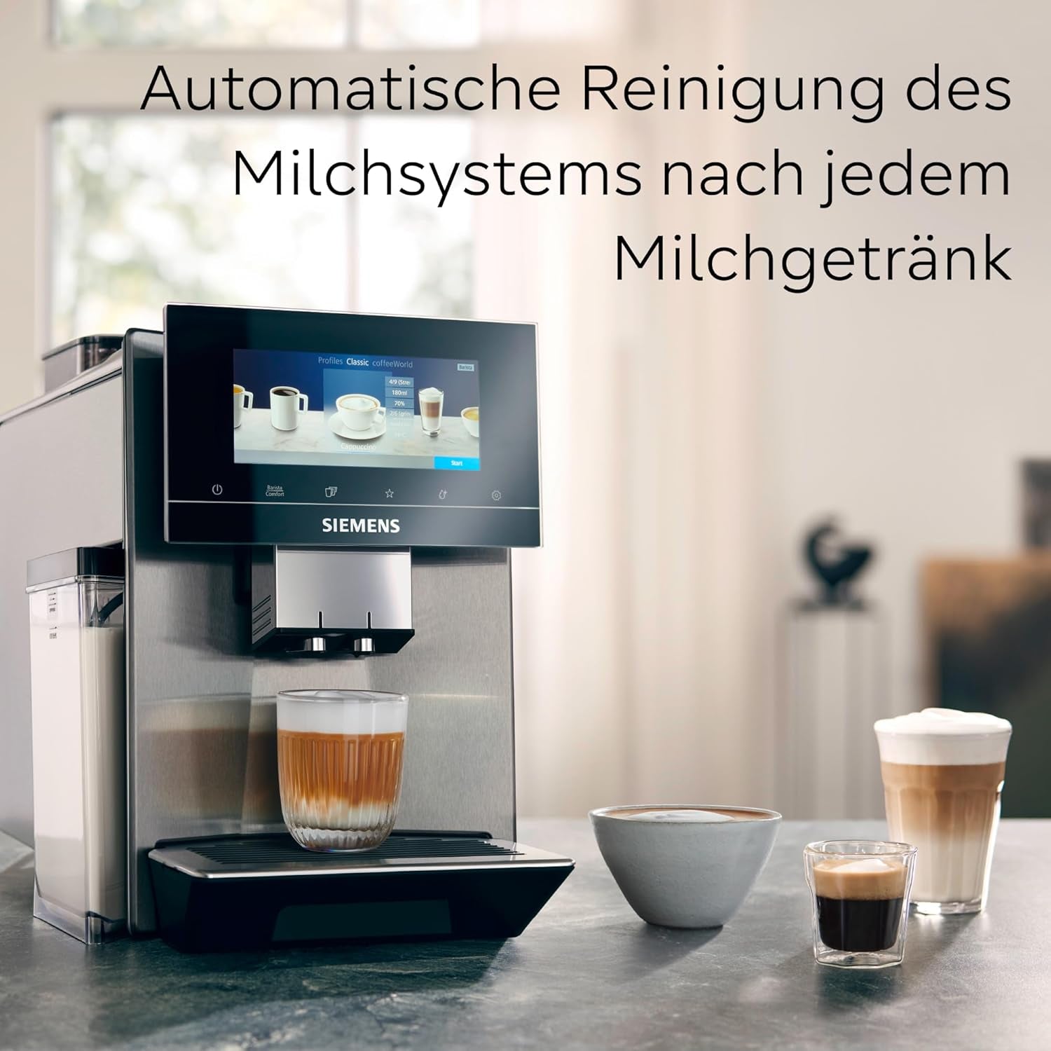 Automatische Espressomaschine Siemens EQ900, großer TFT-Farbbildschirm, 2 Bohnenbehälter, 36 Heiß- und Kaltgetränke, kalter Kaffee, superleise, Zwei-Tassen-Funktion, App-Steuerung, Edelstahl, TQ907D03
