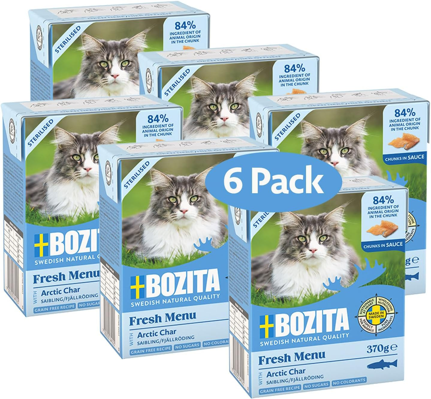 Bozita Tetra sterilisierte Stücke in Holzkohlesauce – 6 x 370 g getreide- und zuckerfreies Nassfutter für Katzen – gentechnikfrei, mit 8,5 % Protein und 4,5 % Fett – hochwertig und äußerst lecker