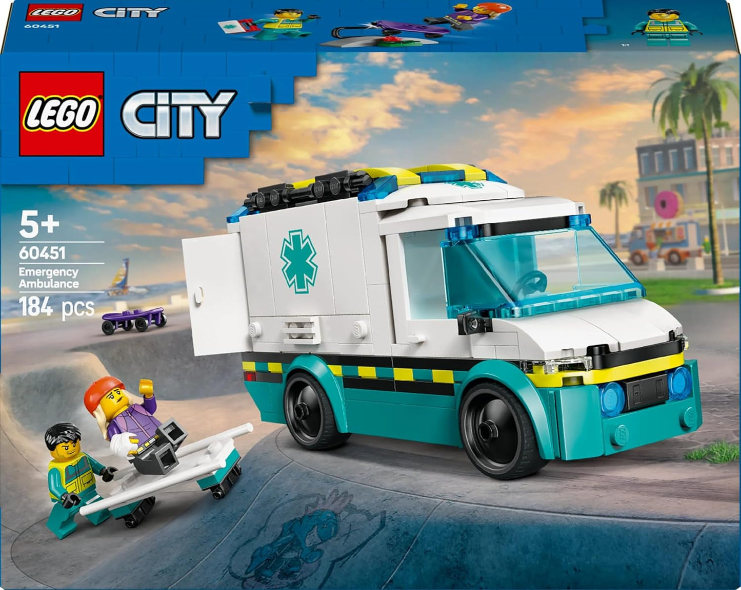 LEGO City Krankenwagen – Spielzeug mit 2 Minifiguren (Skateboarder und Fahrer) – Lernspielzeug für Jungen und Mädchen ab 5 Jahren – Geburtstags- und Weihnachtsgeschenkideen 60451 Bausets Besuchen Sie den LEGO-Store