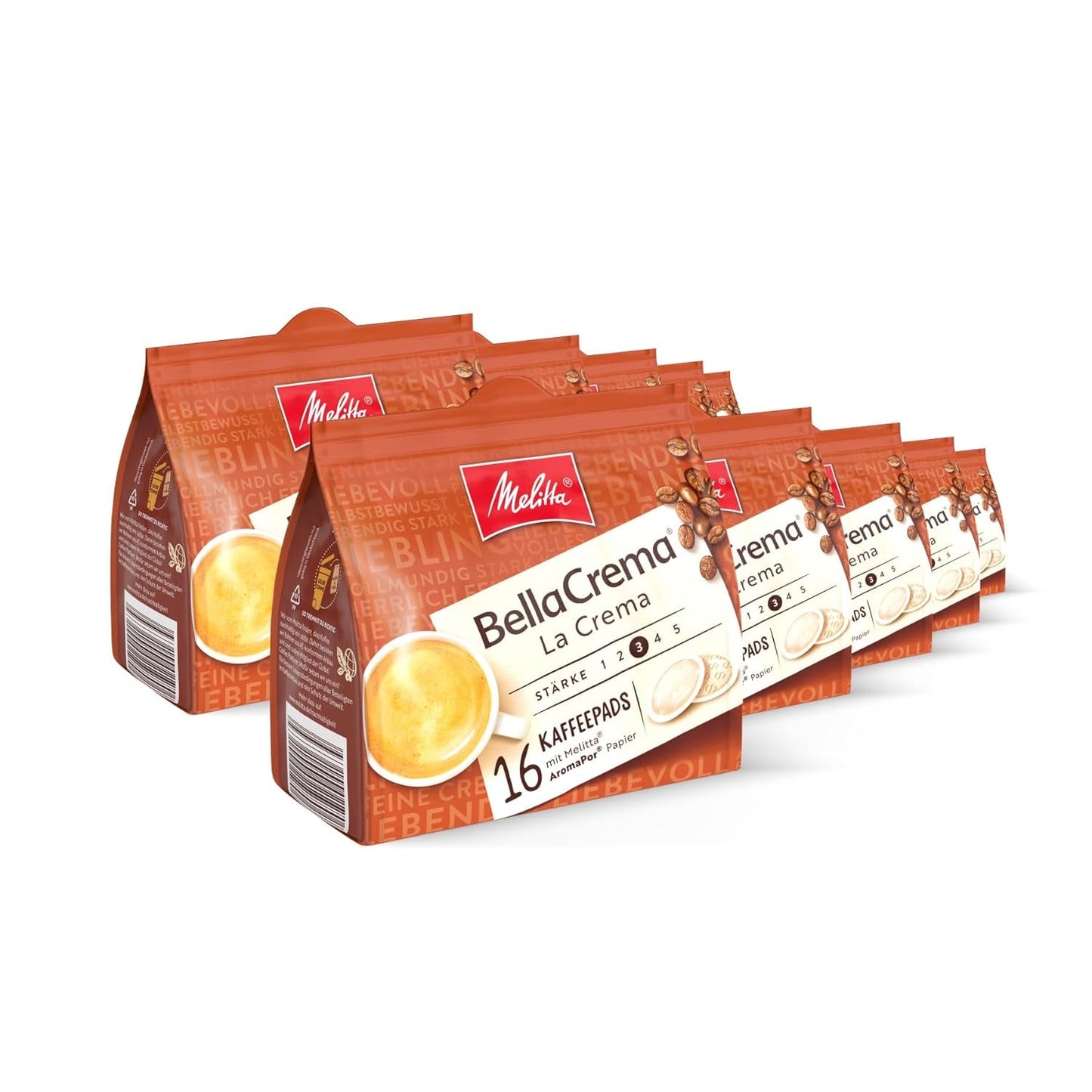 Melitta BellaCrema La Crema gemahlener Röstkaffee in Kaffee-Pads 10 x 16 Pads, Kaffeepads für Pad-Maschine, mittlere Röstung, geröstet in Deutschland, Stärke 3, im Tablett