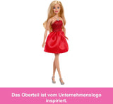 Mattel Rubinrote Blonde Barbie-Party-Modepuppe zum 80. Jubiläum rotes Kleid mit silbernen Schuhen und Halskette, Sammelspielzeug, JGD25