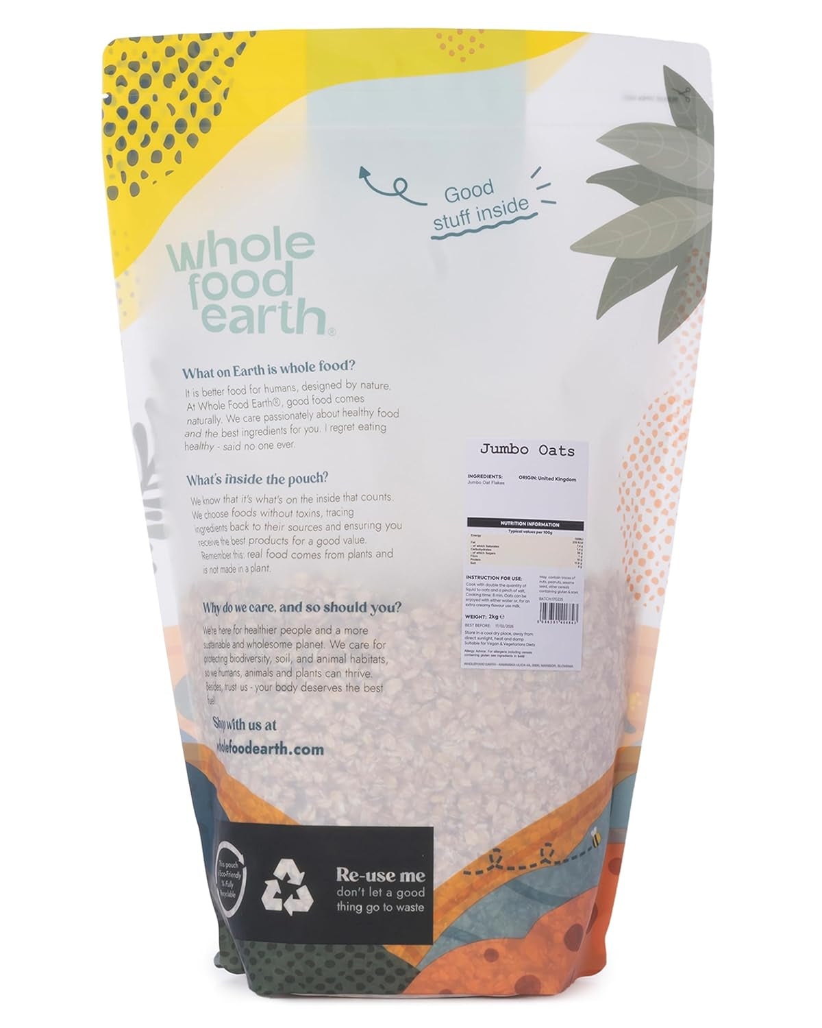 Wholefood Earth Jumbo Haferflocken – gentechnikfrei – vegan – milchfrei – ohne Zuckerzusatz 2 kg