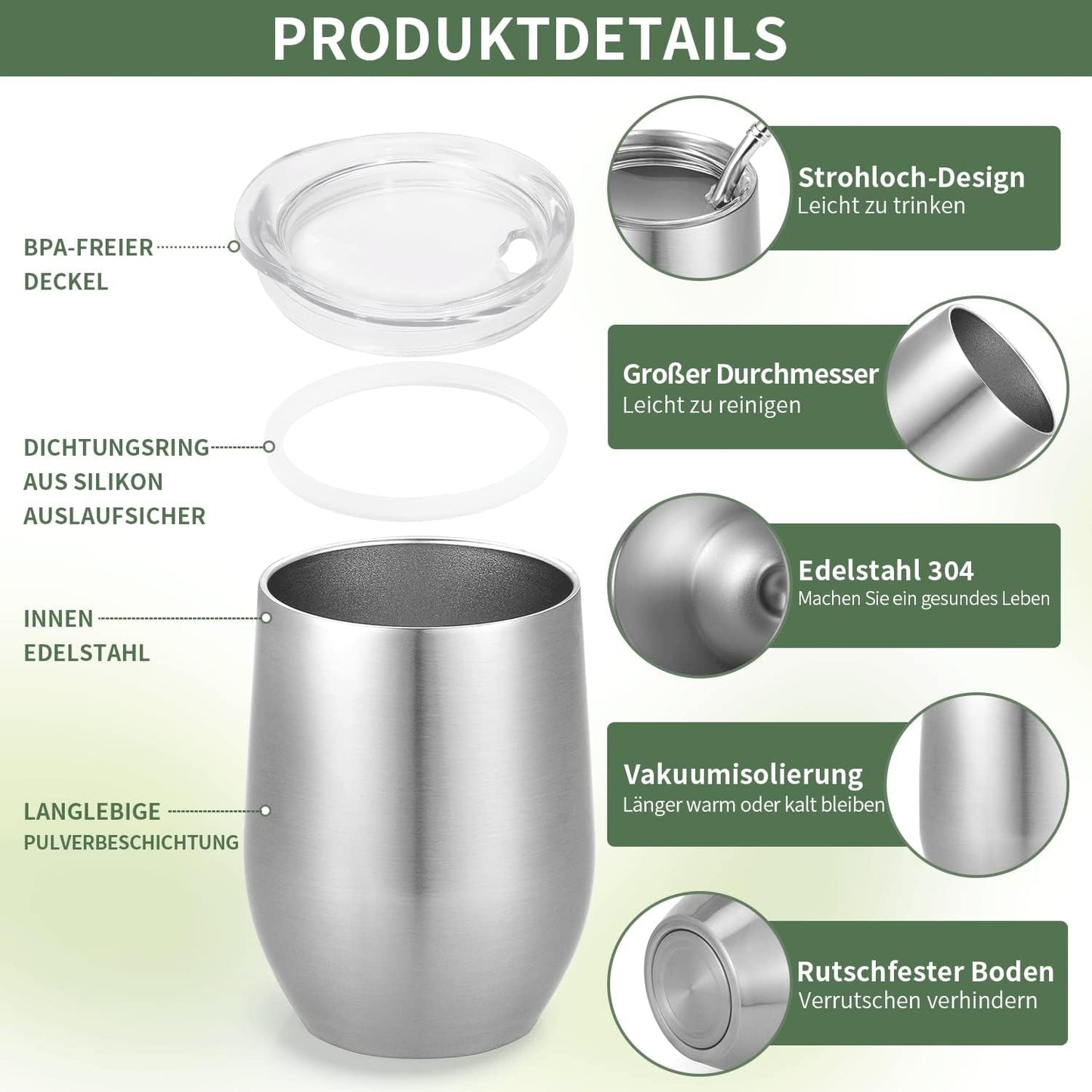 Moderner Mate-Becher 340 ml, isoliertes doppelwandiges Edelstahl-Yerba-Mate-Becher-Set, Mate-Teebecher mit BPA-freiem Deckel, Bombillas und einer Reinigungsbürste (Silber)