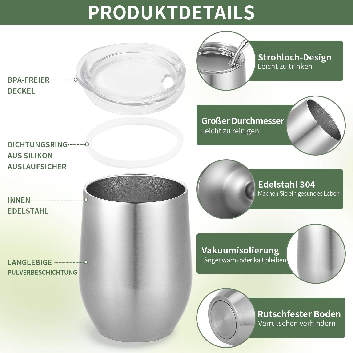 Moderner Mate-Becher 340 ml, isoliertes doppelwandiges Edelstahl-Yerba-Mate-Becher-Set, Mate-Teebecher mit BPA-freiem Deckel, Bombillas und einer Reinigungsbürste (Silber)