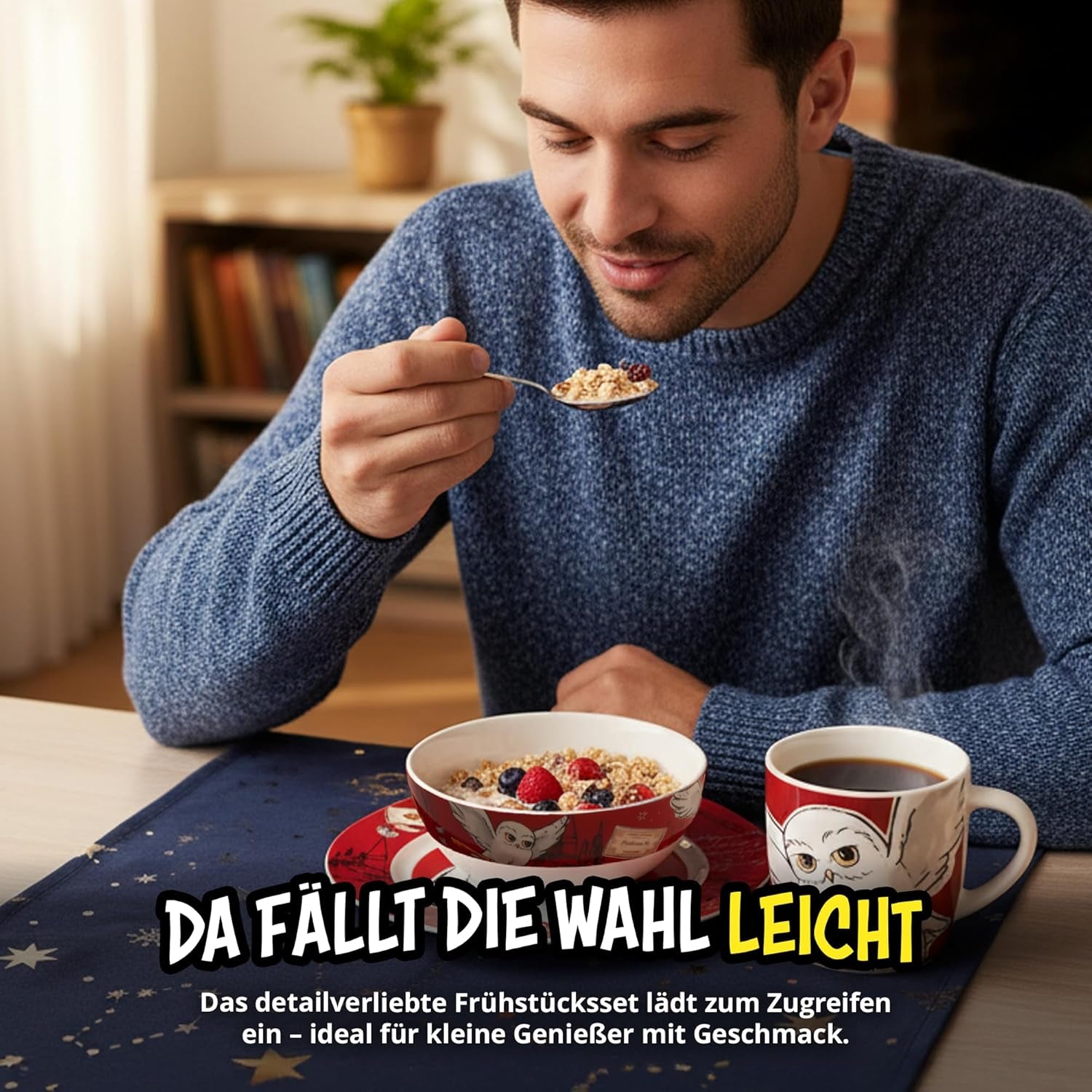 Harry Potter 3-teiliges Geschirrset, rot, Frühstücksset aus Porzellan mit Teller Ø 19 cm, Becher 220 ml und Schüssel 330 ml, Geschirrset