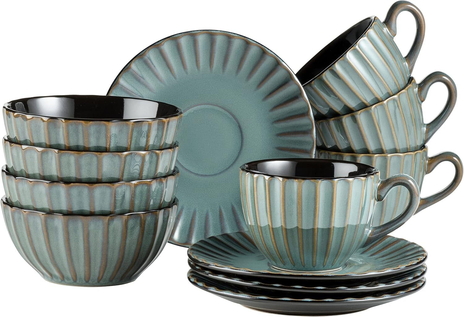 MÄSER 931966 Tafelservice der Confino-Serie für 4 Personen, moderner Vintage-Look, Frühstücksset aus Keramik, 12-teilig, Petrol mit schwarzen Akzenten, Steingut