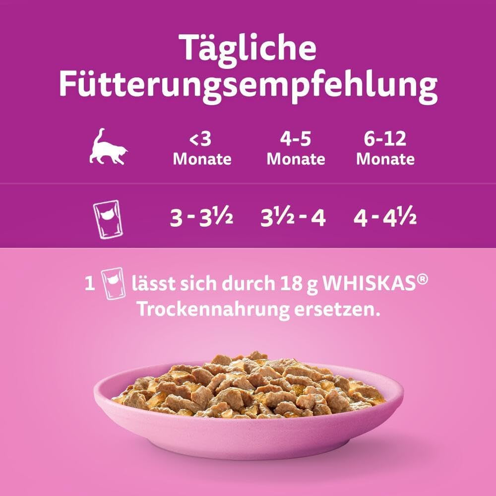 WHISKAS Junior Nassfutterbeutel, Multipack, Auswahl an Geflügelfleisch in Gelee, 12 x 85 g