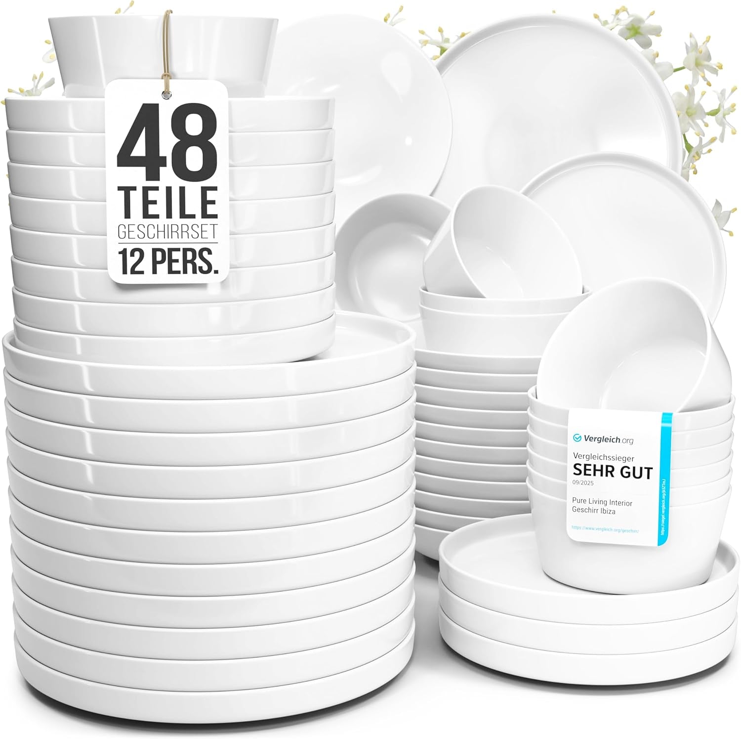 Crystal 48-teiliges Porzellan-Geschirrset TESTSIEGER Klares Porzellan-Geschirrset Schüsseln und Teller Tafelservice für 12 Pure Living-Geschirrsets in Weiß