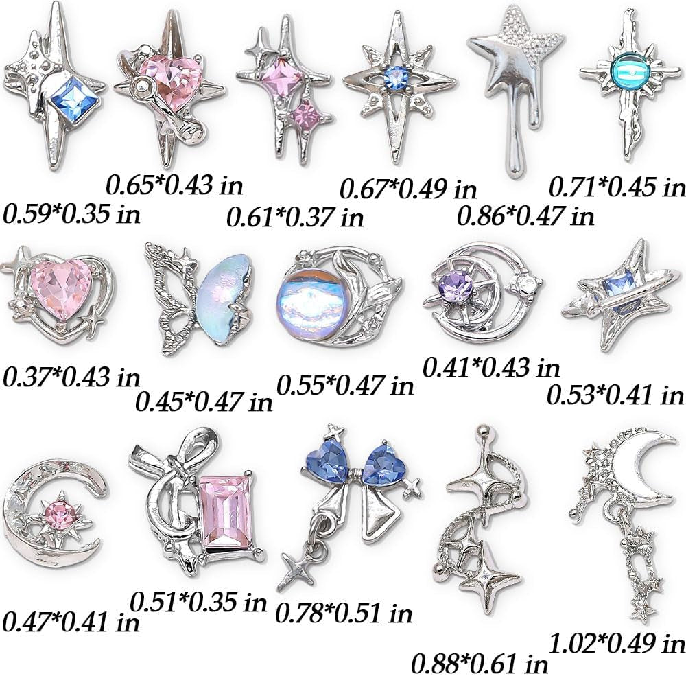 16 Stile Luxus Mond Stern Nagel Charms 3D Nail Charms Y2K Legierung Strasssteine ​​​​Bogen Schmetterling Nagel Schmuck Metall Nail Art Charms Nägel Glitzersteine ​​​​Nailart Rhinestones Nageldesign Zubehör