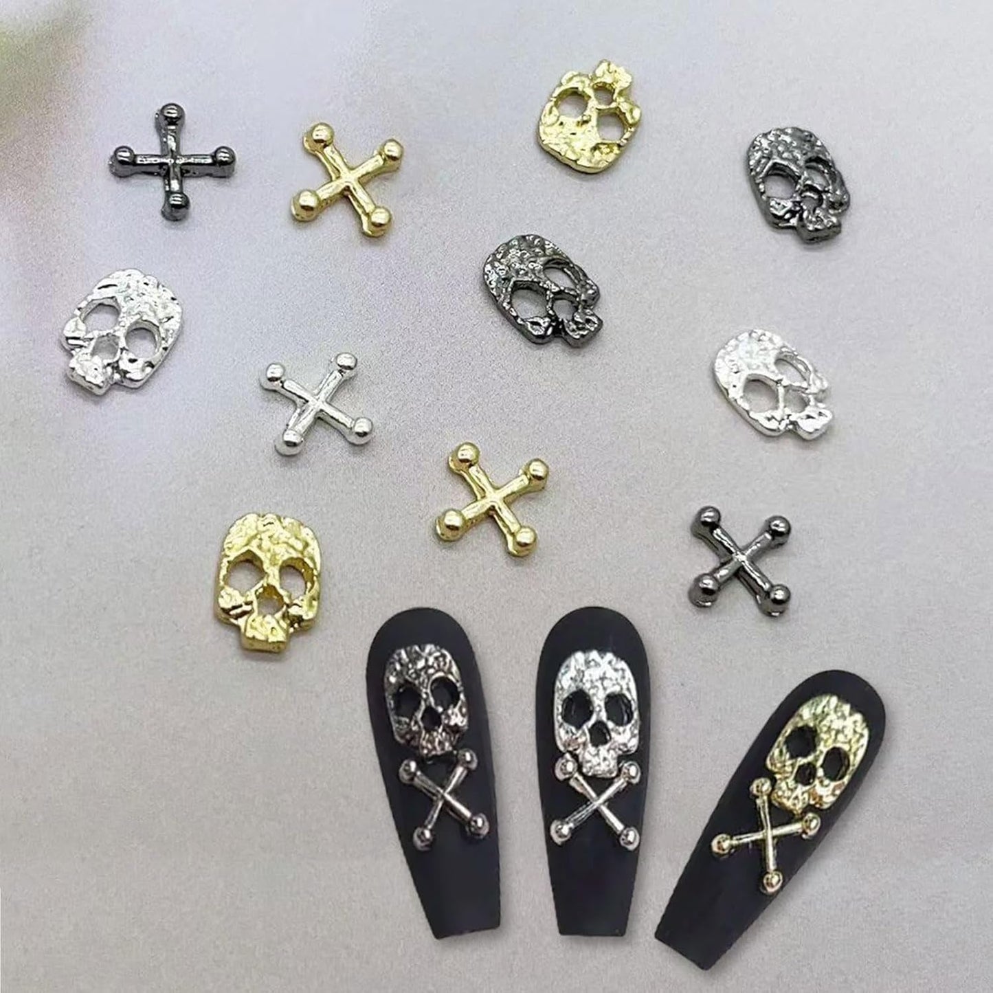 120 Stück Kreuzschädel Nail Art Dekorationen Set Gold Silber Metall Nail Art Charms Punk Legierung Nail Art Schmuck Funkelnde Steine ​​Zubehör