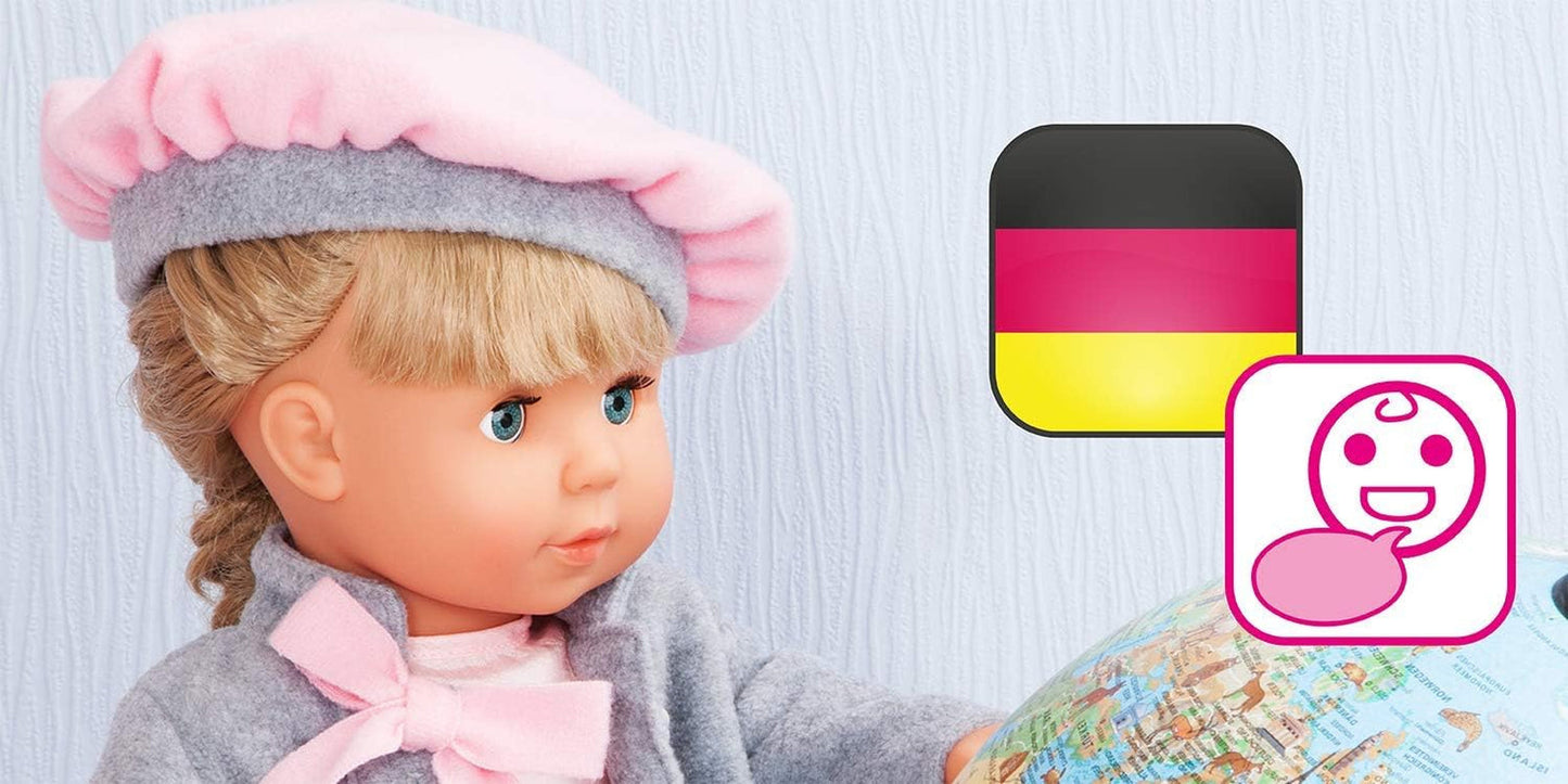 Bayer Design 94635AX Funktionspuppe Charlene mit verschlafenen Haaren und Augen, spricht und singt 90 Sätze, 2 Gedichte und 8 Lieder, 46 cm, Puppe mit mehreren Accessoires, 1,30 kg, Rosa, Grau