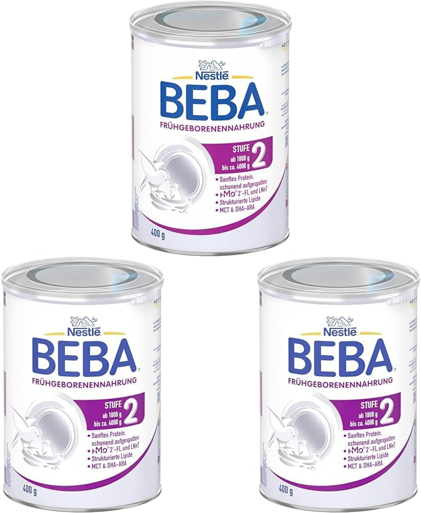 BEBA Frühgeborenennahrung Stufe 2 – Frühgeborene nach Krankenhausentlassung, Babynahrung, Babymilchpulver, 3er Pack (1 x 400 g)