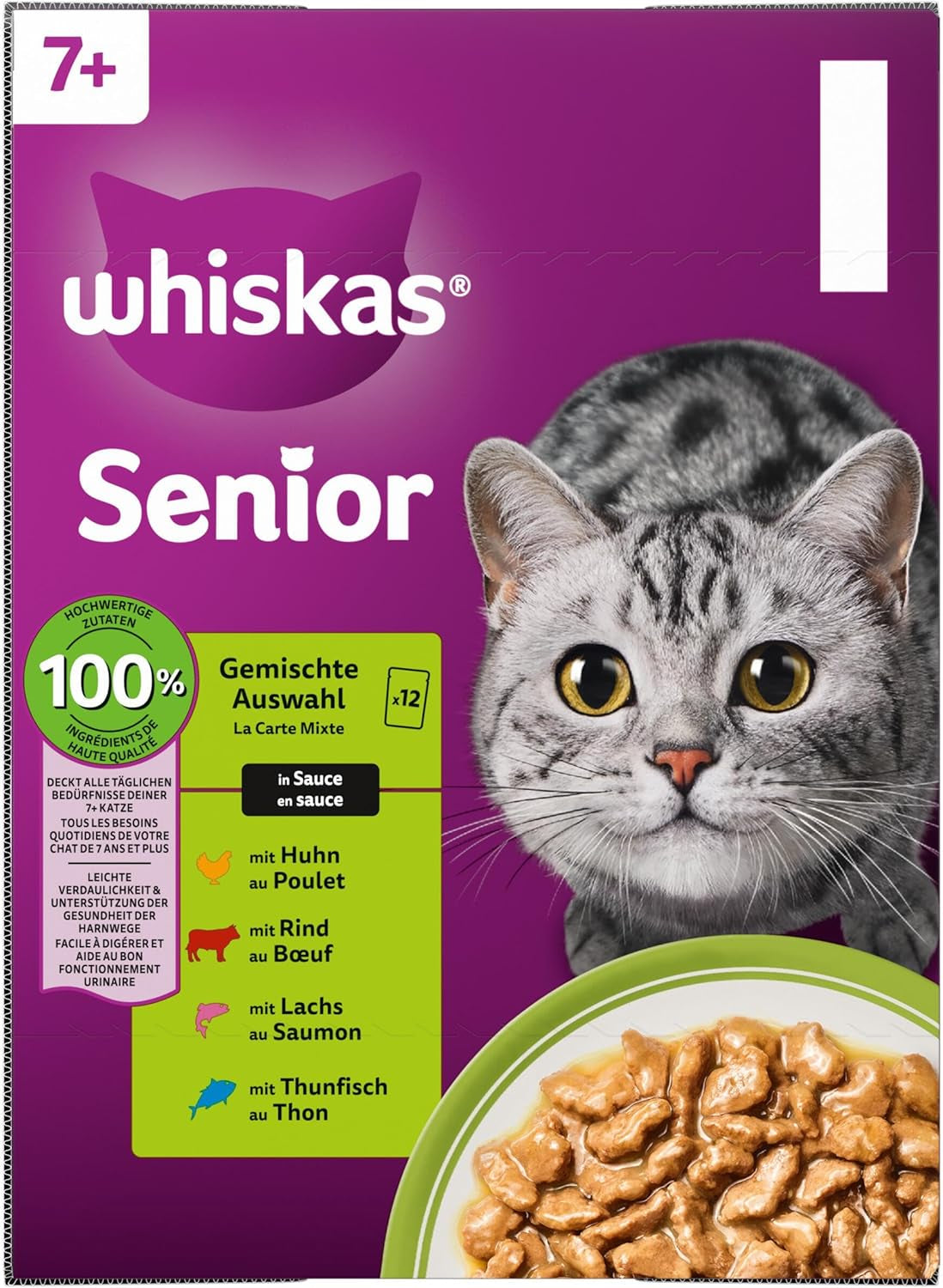 Whiskas Senior 7+ Nassfutter Gemischte Auswahl in Soße, 48 Beutel, 12x85g (4er Pack) – Hochwertiges Nassfutter für Katzen ab 7 Jahren
