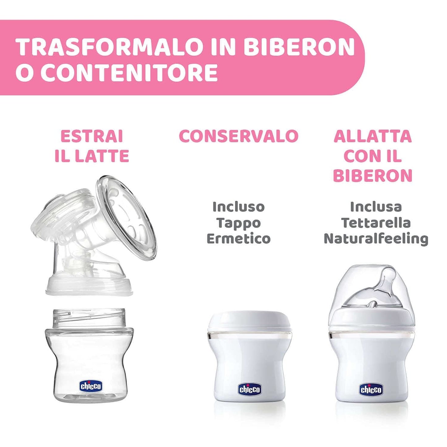 Elektrische Milchpumpe von Chicco mit Stimulations- und Extraktionsphasen, 10 Intensitätsstufen, bequem und schnell, ergonomische Form, mit geneigtem Sauger und dichtem Verschluss, weiß, 150 ml Zubehör Essen und Stillen Bebe Naty Shop