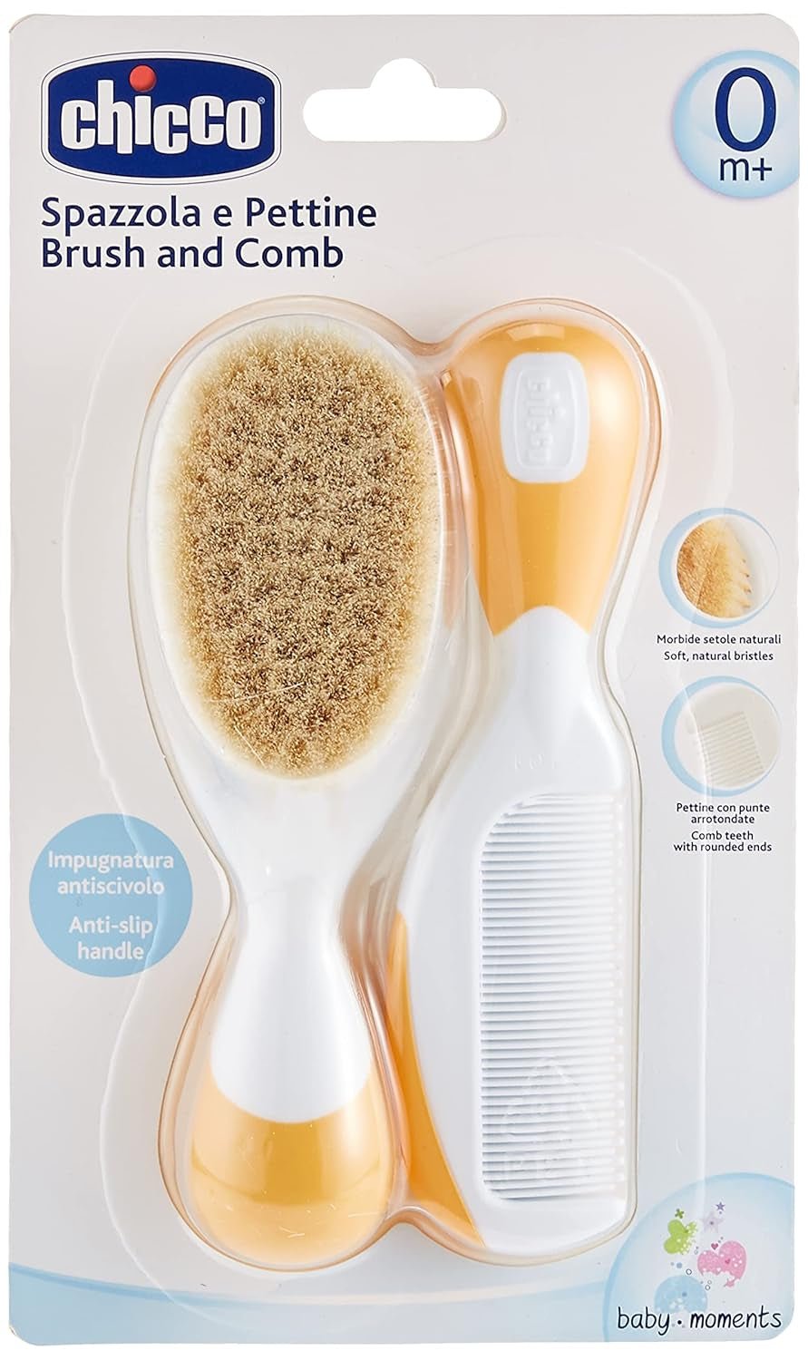 Chicco Baby-Haarbürsten- und Kamm-Set, Babybürste mit weichen Naturborsten, abgerundeter Kammspitze, rutschfestem Griff, Babyparty-Geschenk – Zubehör für Neugeborene ab 0 Monaten – Bade- und Hautpflege Naty Shop Orange
