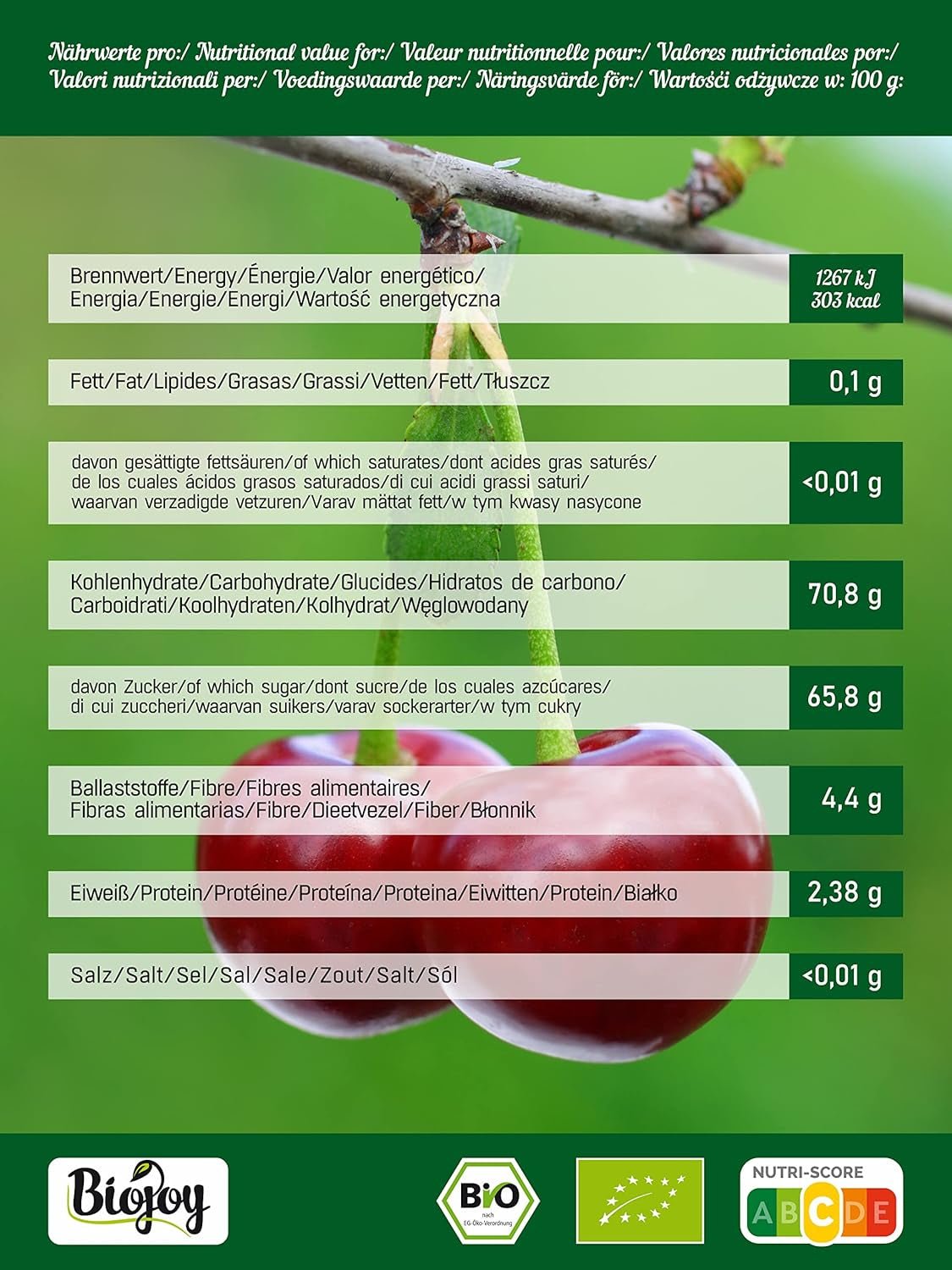 Biojoy getrocknete Süßkirschen (500 g), entkernt und schwefelfrei. Trockenprodukte Naty Shop