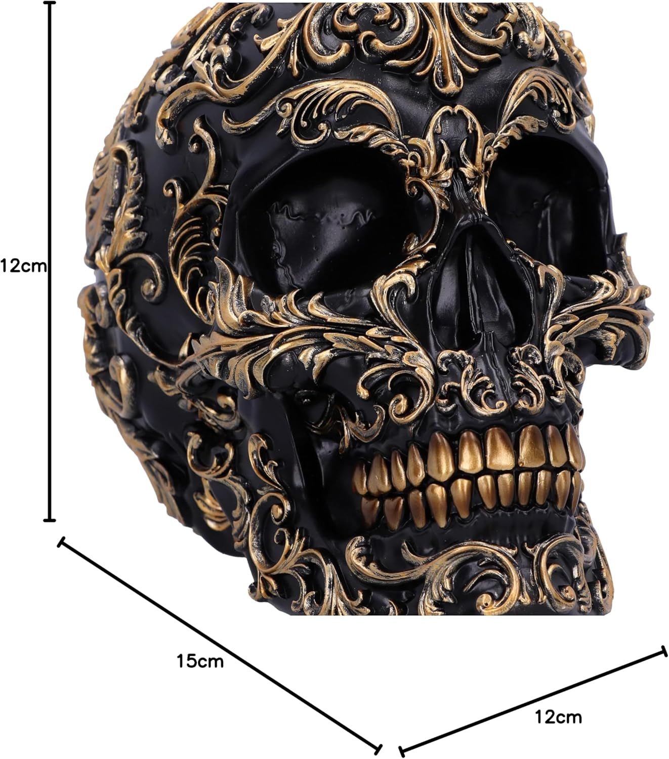 Renaissance-Schädel, 19 cm, Kunstharz, Schwarz und Gold, goldenes Barockmuster, schwarzes Totenkopf-Ornament, gotische Dekoration, gegossen aus feinstem Kunstharz, handbemalt von Experten. Statuetten und Skulpturen Naty Shop